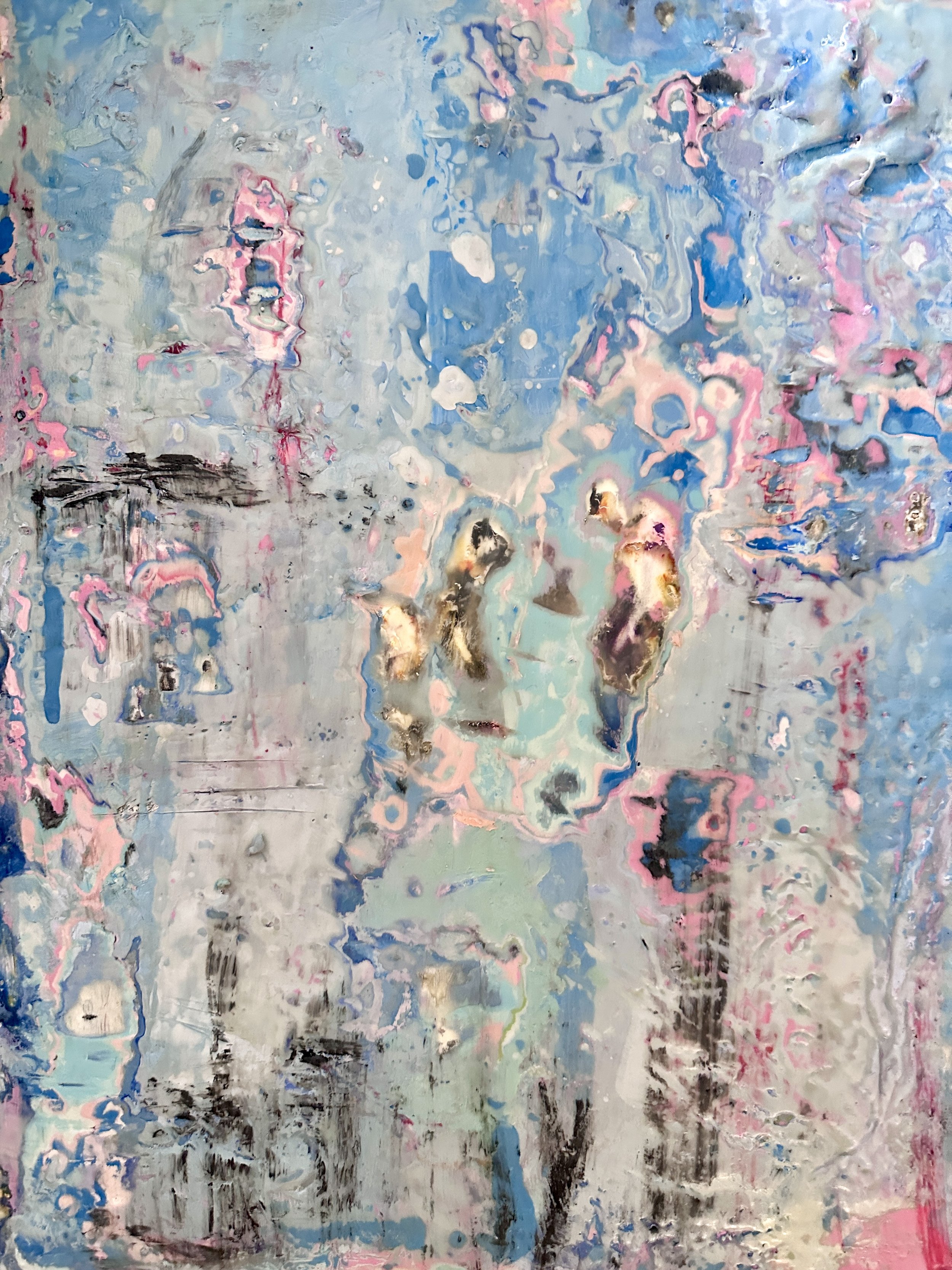 Abstract expressionist painting with a swirl of pastel pink, blue, and gray colors, with some black and white accents.