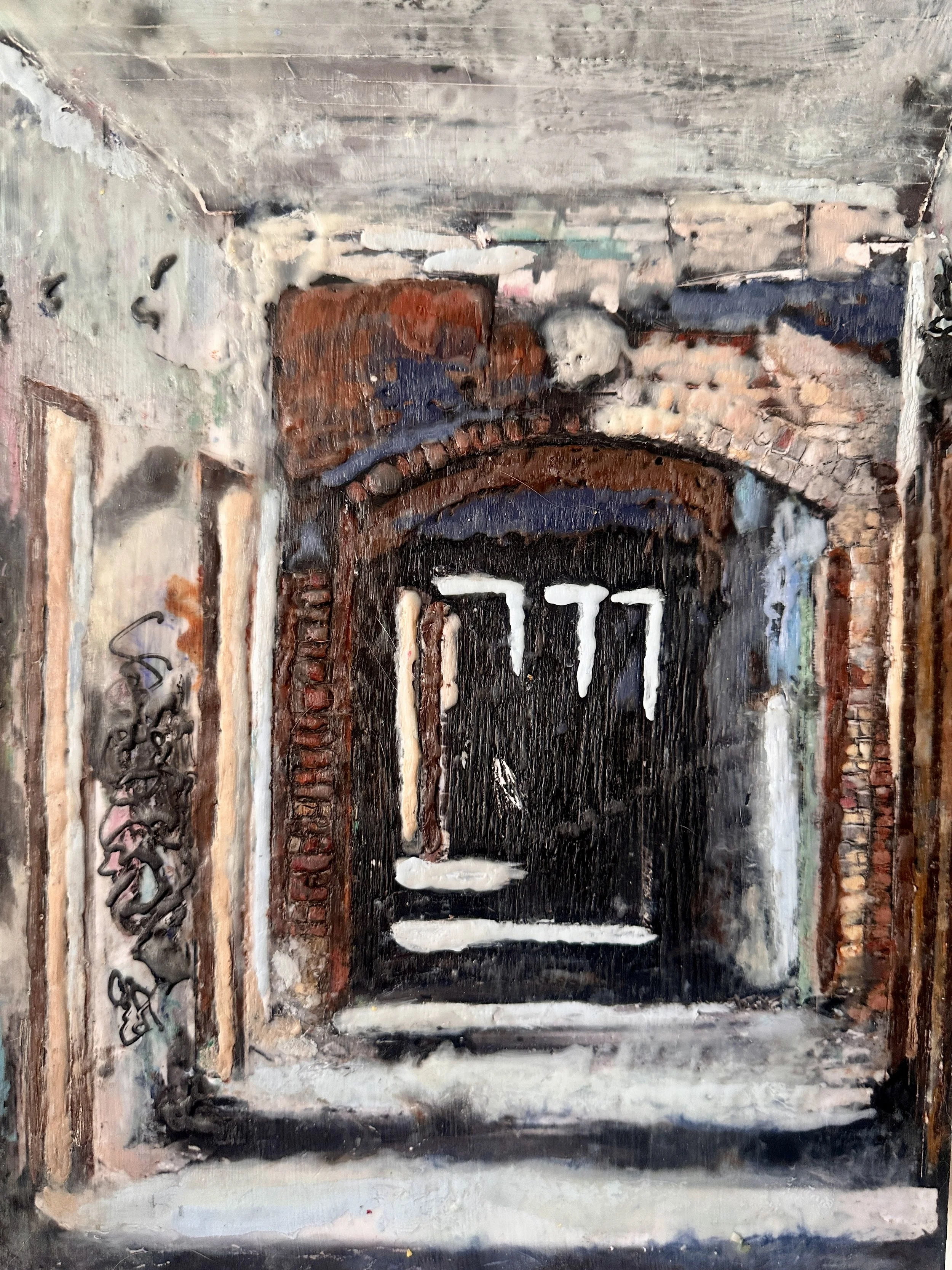 A painted depiction of a dark alleyway with an arched entrance, brick walls, and white graffiti on the left side.