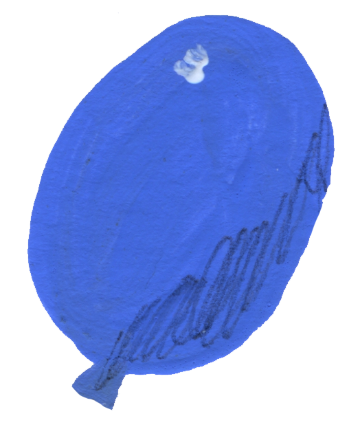 A blue tennis ball with a white logo and some black markings.