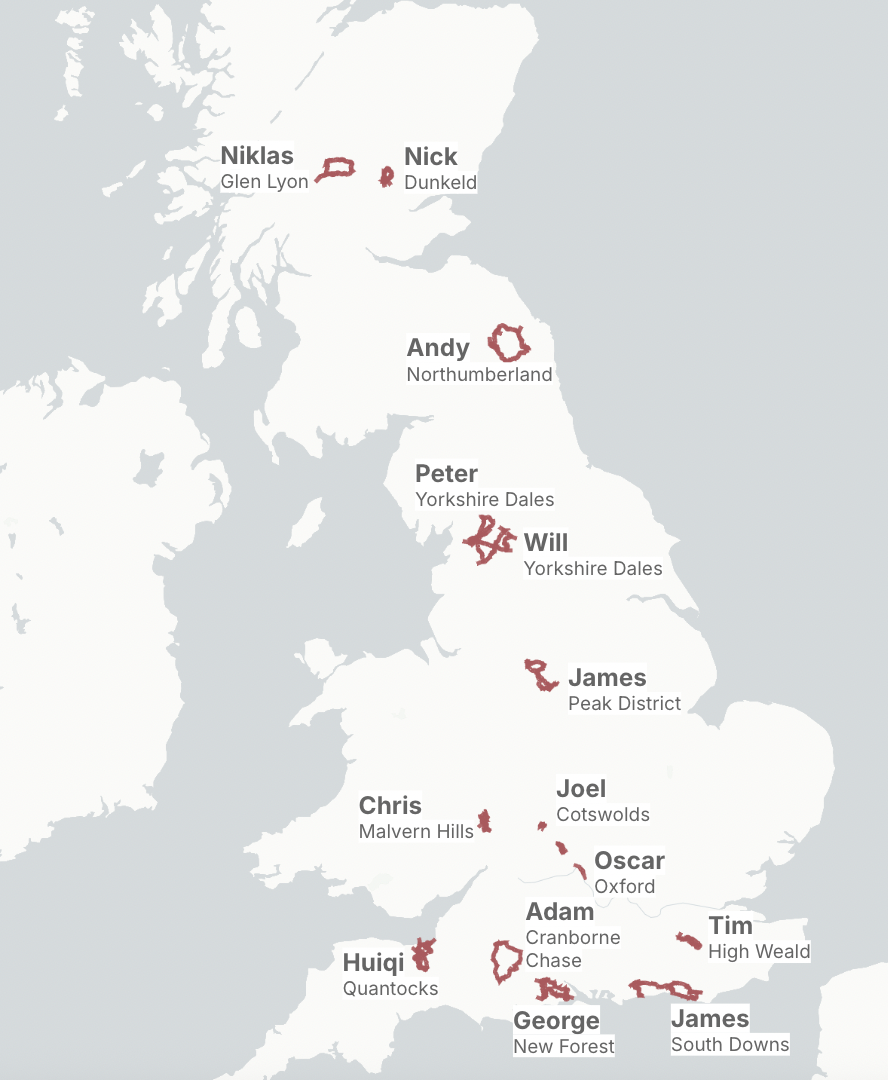 Map of the United Kingdom showing various regions labeled with names such as Niklas, Nick, Andy, Peter, Will, James, Joel, Oscar, Adam, George, Huiqi, Tim, and James, each associated with specific areas on the map outlined in red.