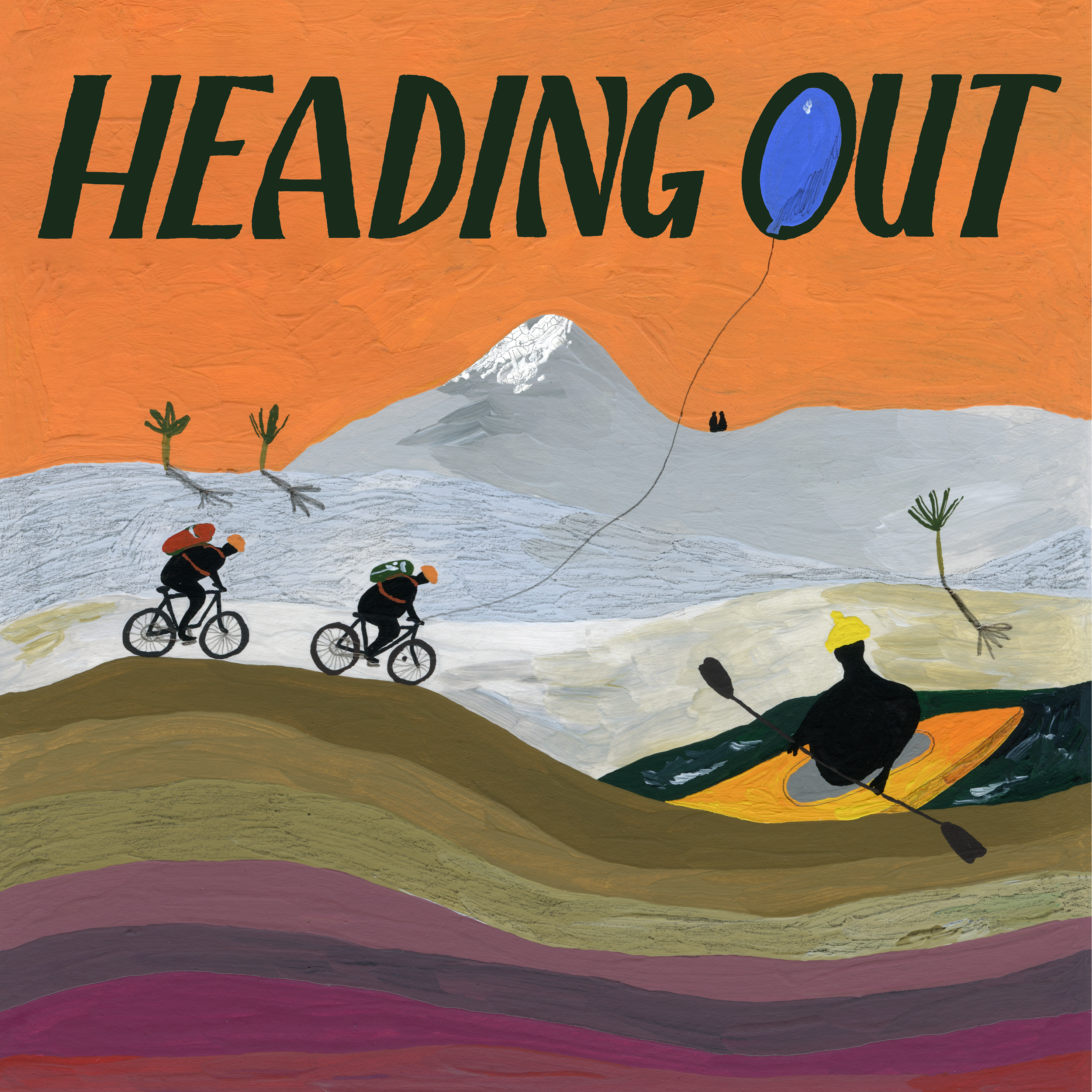 A colorful hand-painted poster with the words 'HEARING OUT' written in large black letters on an orange background, a mountain at the bottom, and a blue balloon attached to the letter 'O'. There are small trees and two people hiking in front of the mountain.