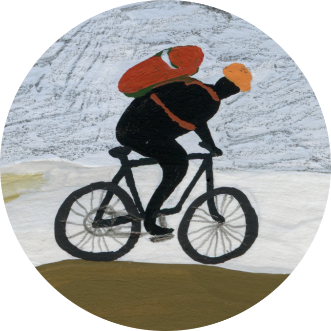Painting of a person riding a bicycle with a large orange backpack, set against a gray and white background.
