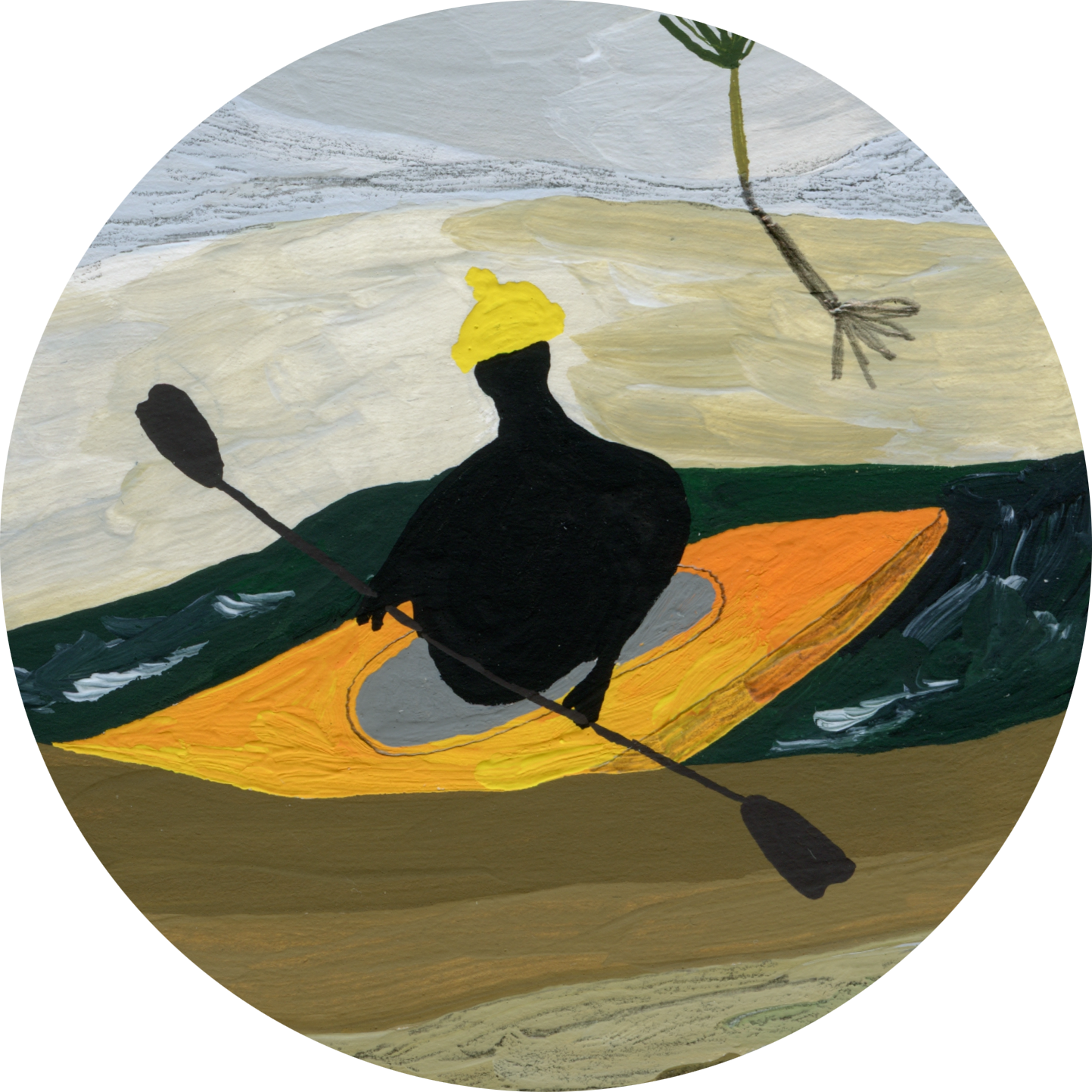 A painted landscape with a person in a yellow hat kayaking on a river, with trees and mountains in the background and a cloudy sky.