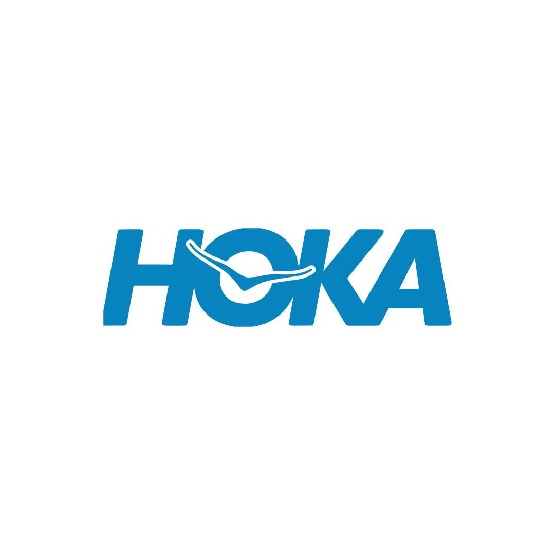 Hoka logo in blue with a stylized shoe tread design incorporated into the lettering.