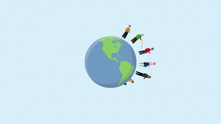 An illustration of Earth with diverse people standing around it, representing global community and diversity.