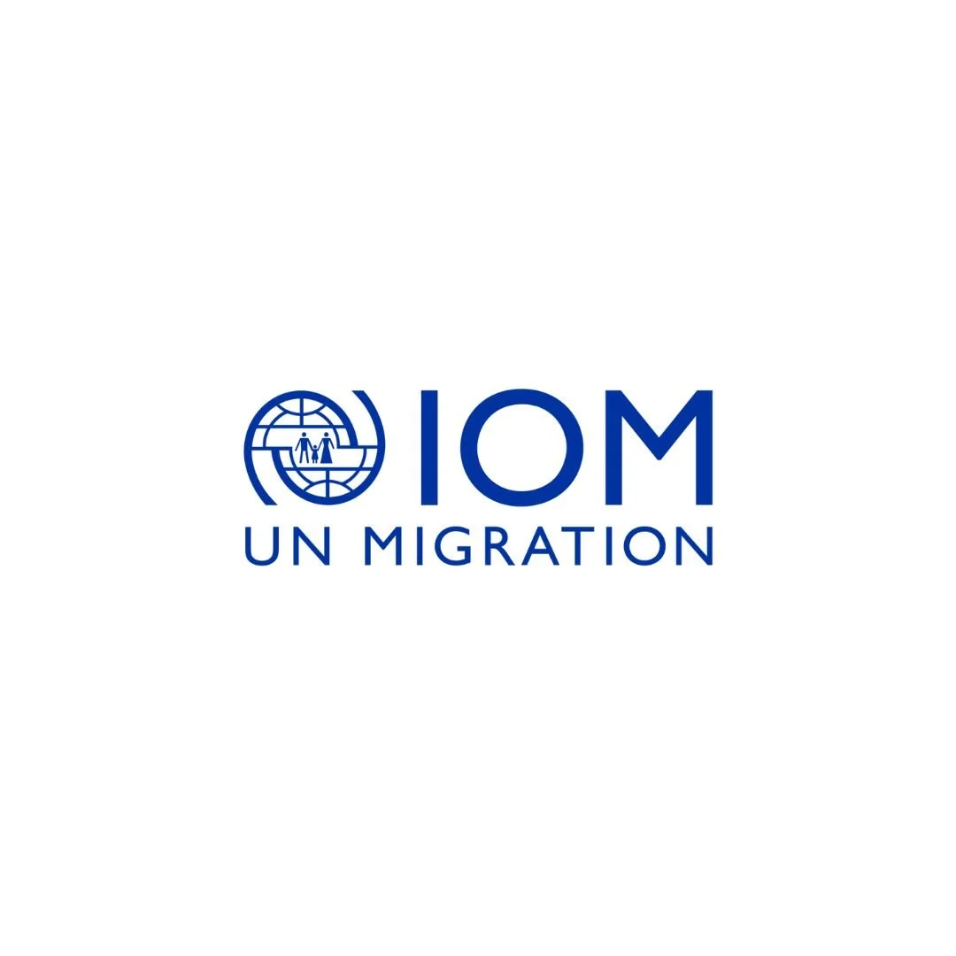 IOM logo with a globe and human figures, and the text 'IOM UN Migration' in blue.