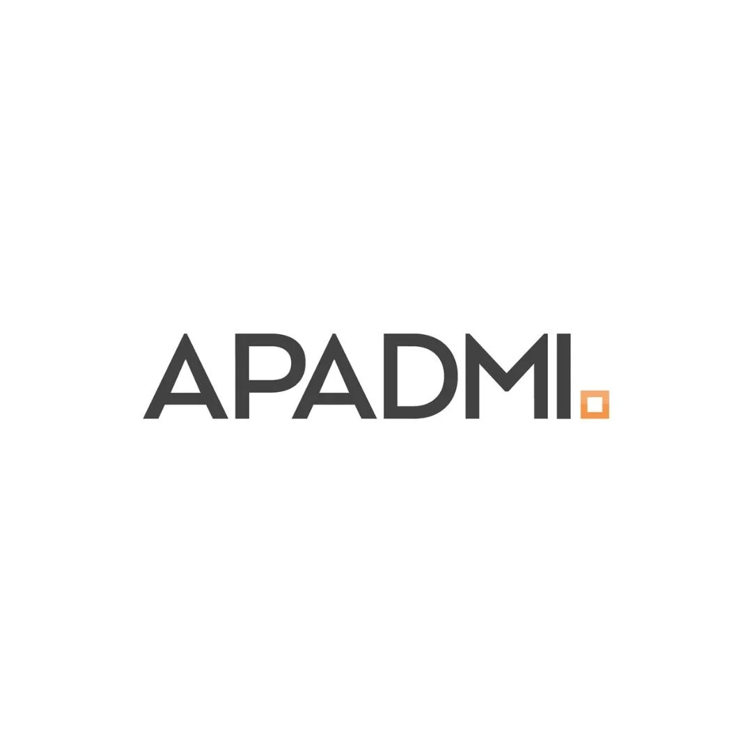 Logo with the text 'APADMI' in black, with a small orange square and a small orange square outline at the end.