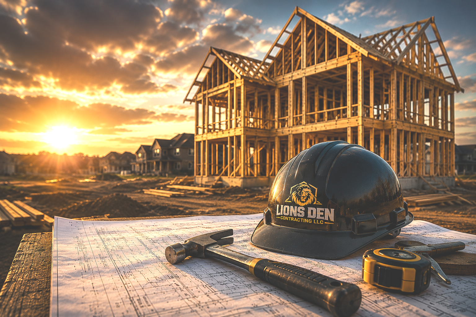 Custom home under construction at sunset with architectural plans and Lions Den Contracting hard hat showcasing residential construction, remodeling, additions, decks, and building services.