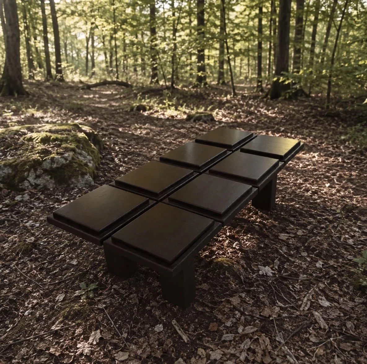 Sculptural solid oak coffee table by KHARAD STUDIO photographed in a forest setting.