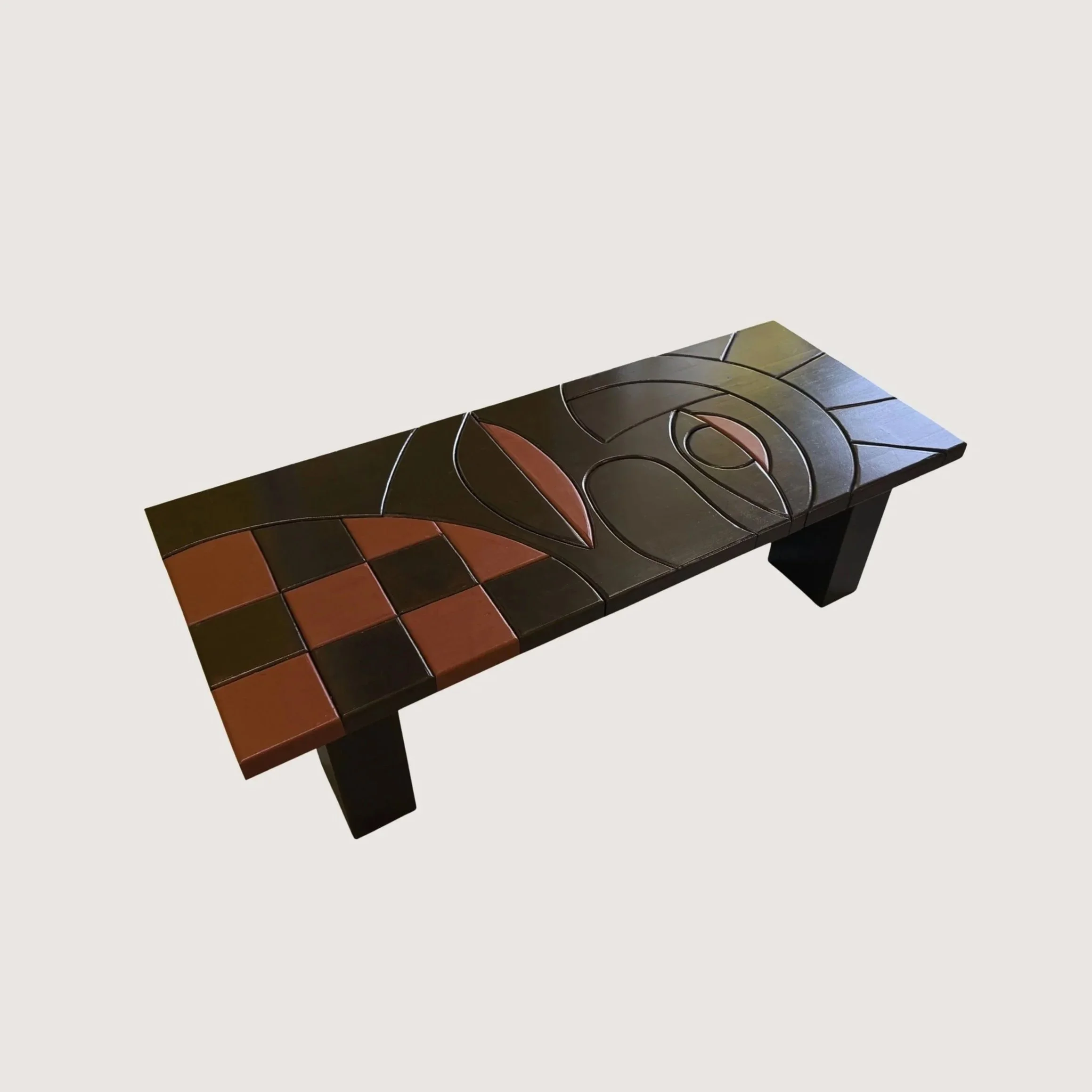 Handcrafted sculptural solid oak coffee table by KHARAD STUDIO featuring geometric wood inlays.