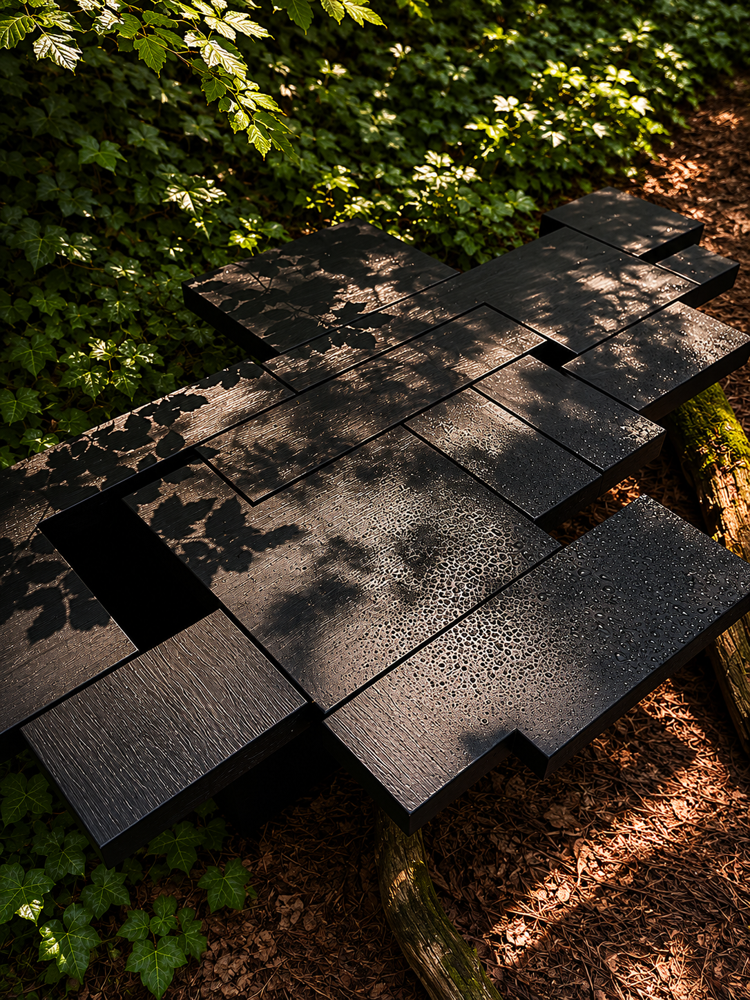 Handcrafted sculptural solid oak coffee table by KHARAD STUDIO photographed outdoors in a forest setting.
