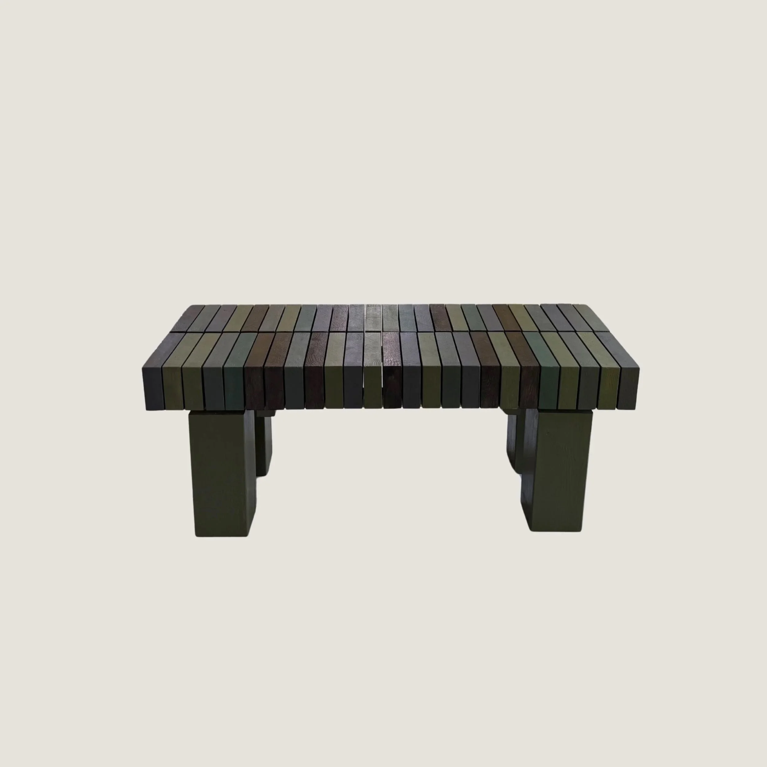 Handcrafted sculptural solid oak coffee table by KHARAD STUDIO with artistic geometric wood inlays.