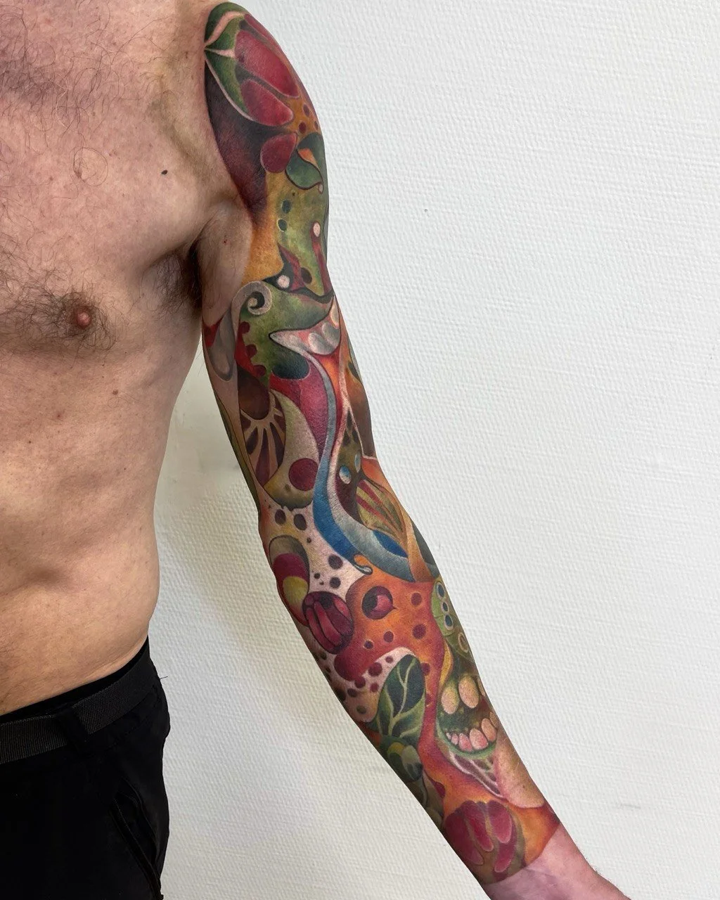 Vollständig verheilter farbiger Tattoo-Ärmel mit großflächiger Komposition
