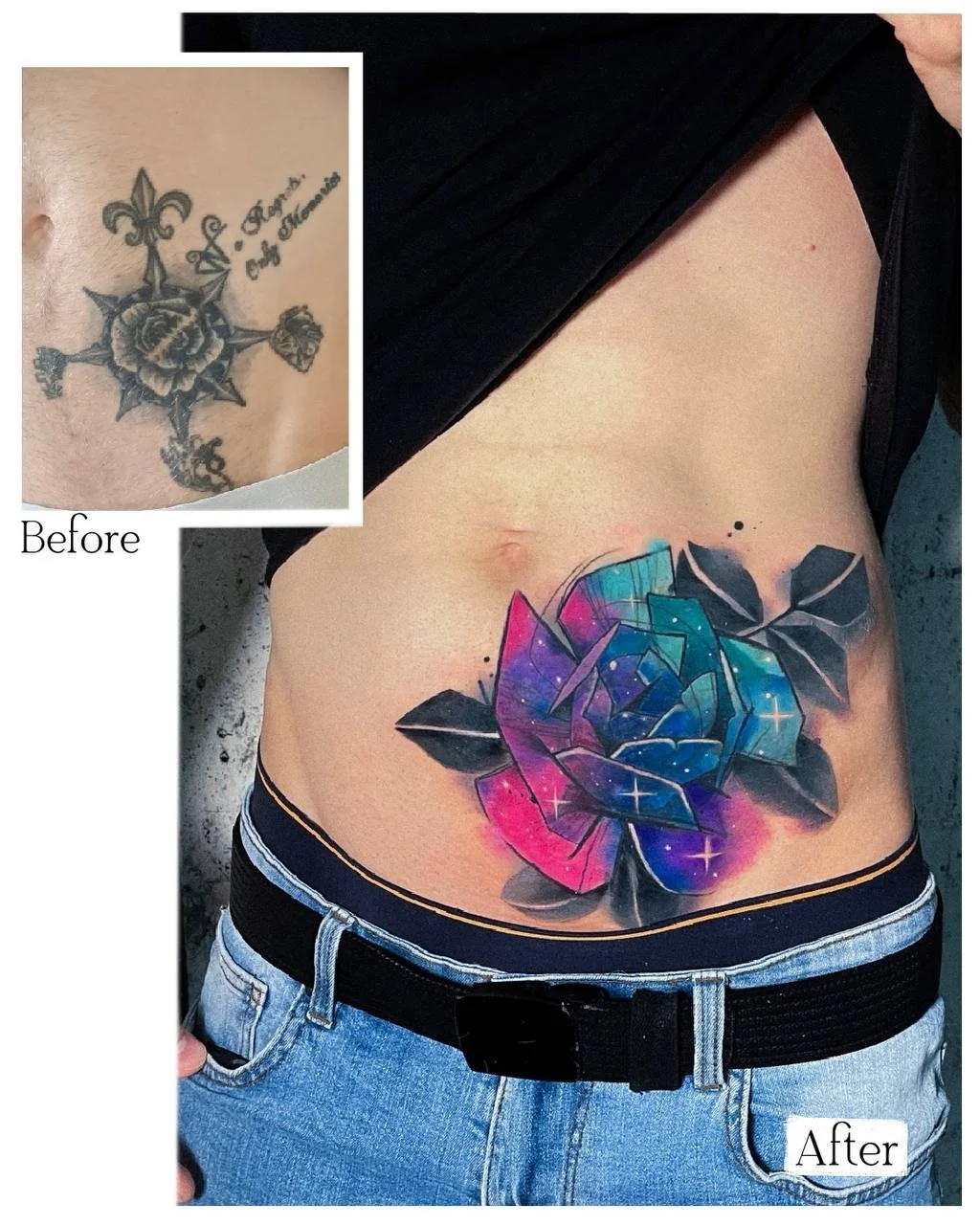 Vorher-Nachher-Vergleich eines farbigen Cover-ups mit geometrischer Rose