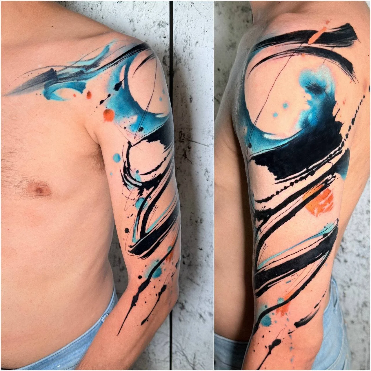Großes abstraktes Tattoo in Blau, Schwarz und Orange aus zwei Perspektiven
