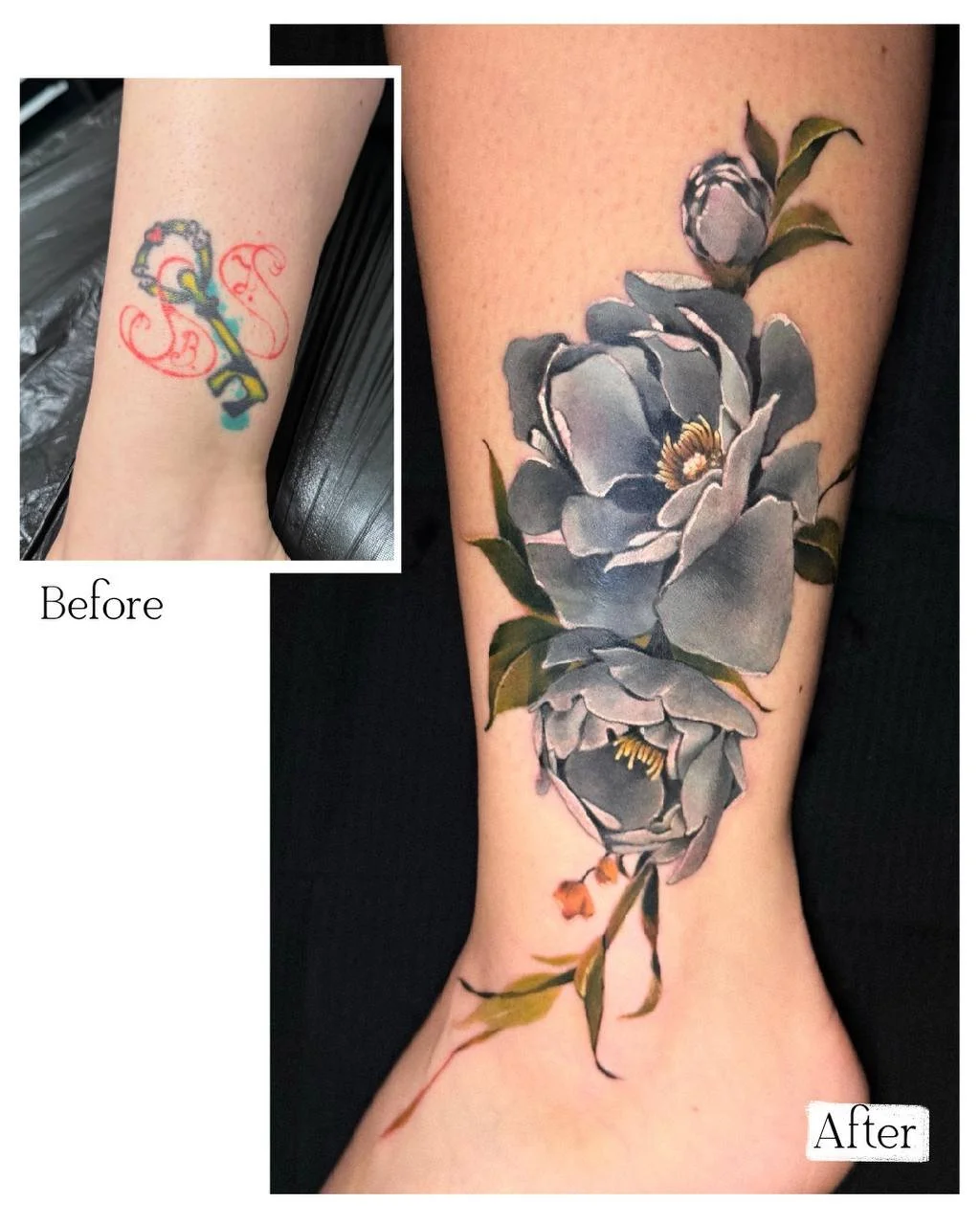 Vorher-Nachher-Vergleich eines kleinen Cover-ups mit einer grauen Pfingstrose