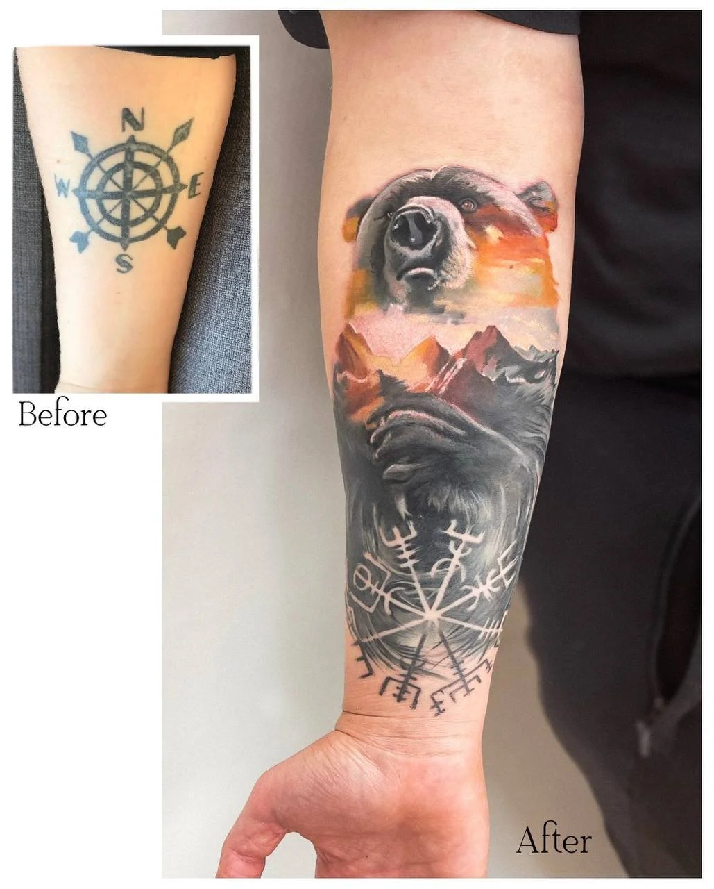 Vorher-Nachher-Vergleich eines großen Cover-ups mit Bär und Berglandschaft