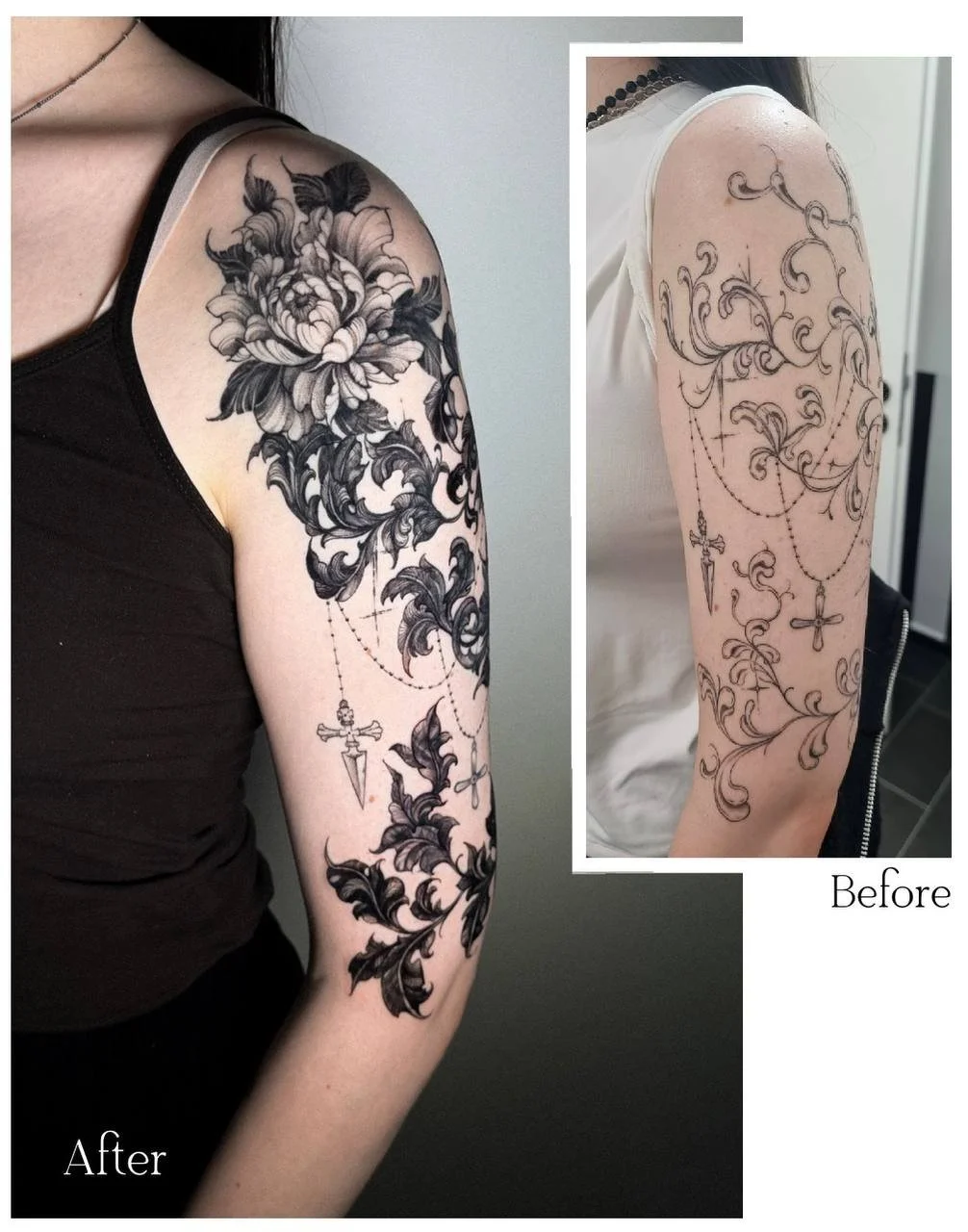 Vorher-Nachher-Vergleich einer großflächigen schwarzen Tattoo-Überarbeitung am Oberarm