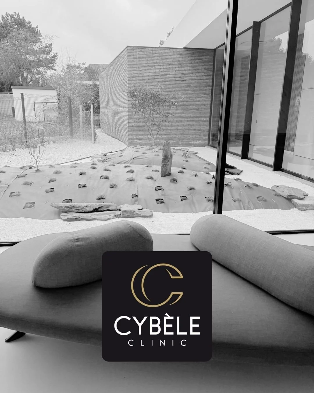 Vue d'une cour extérieure avec un sol en plastique géotextile, une petite plante au centre et quelques pierres. On voit une grande vitre derrière, à l'intérieur un canapé ou une chaise en tissu. Au premier plan, il y a un logo de CYBÈLE CLINIC.