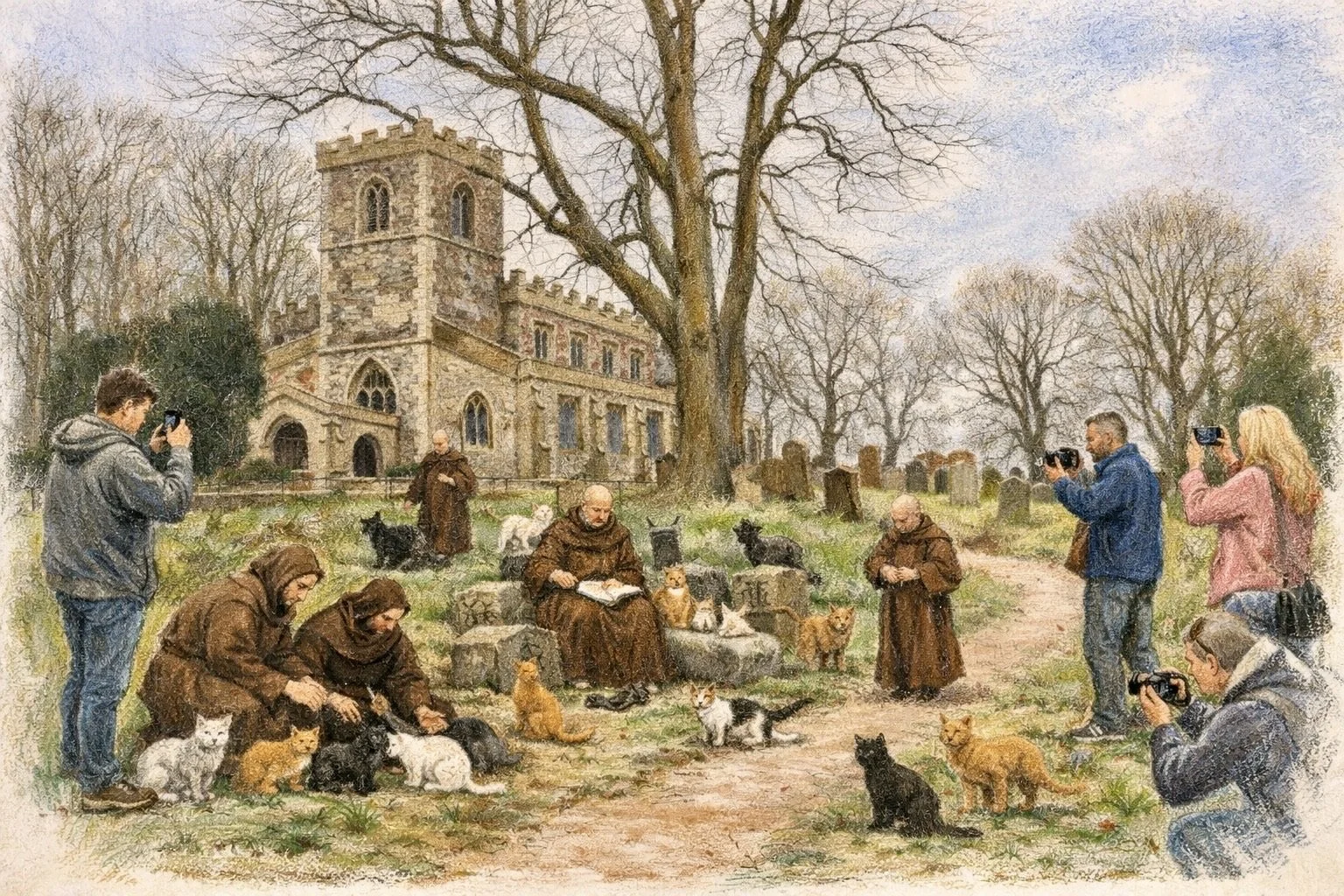People taking photos of a gathering of cats and monks in a graveyard with a church in the background.