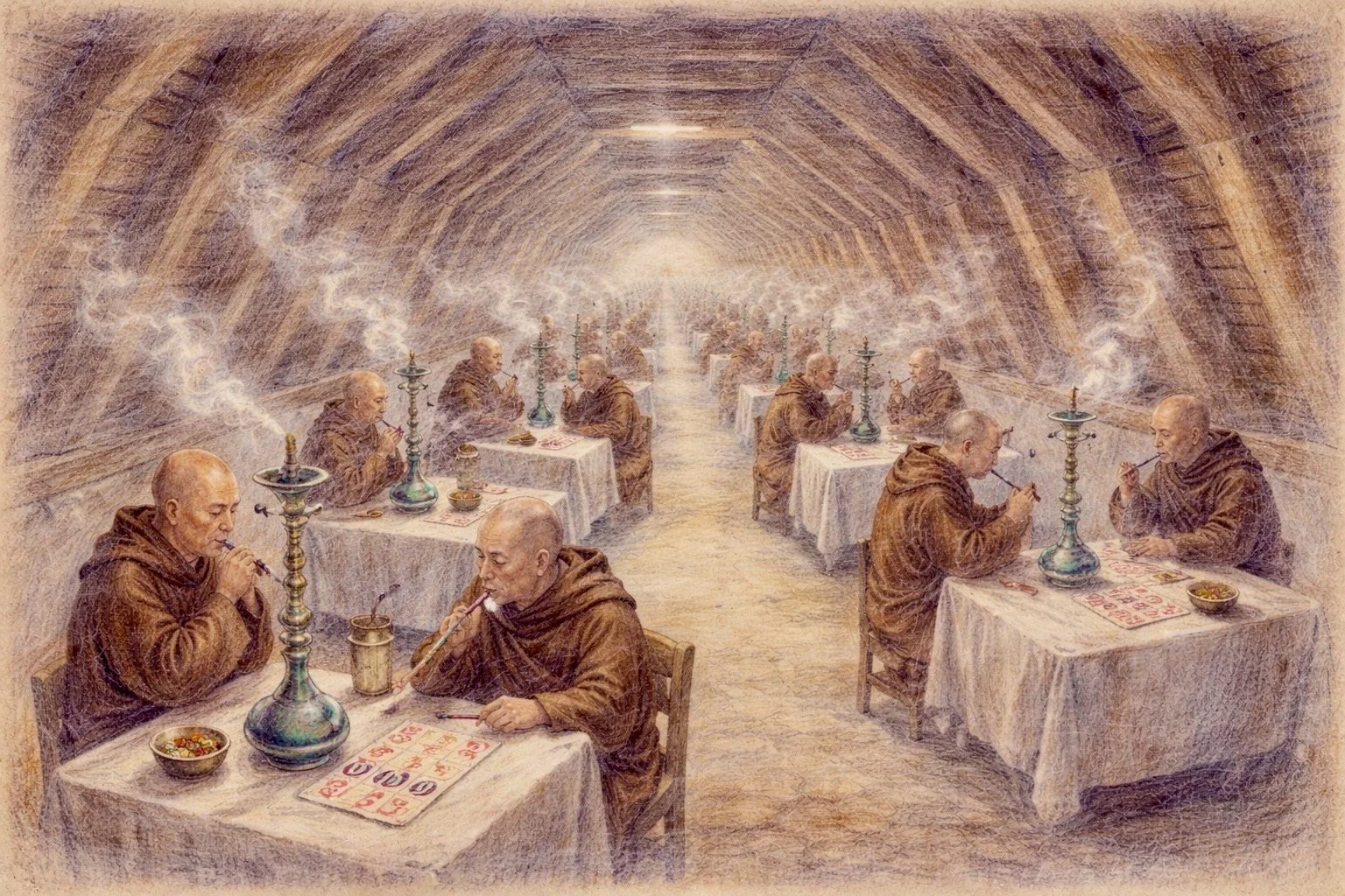 A group of monks with shaved heads and brown robes sitting at tables inside a long, arched stone tunnel, smoking hookahs and playing bingo.