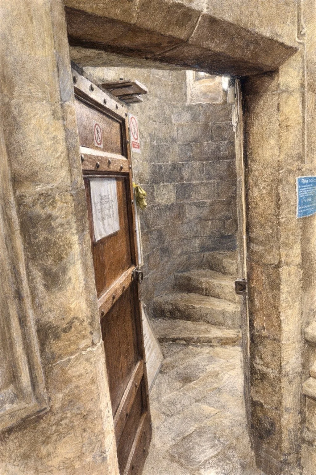Stone staircase with a small door and no railings in an old stone building.