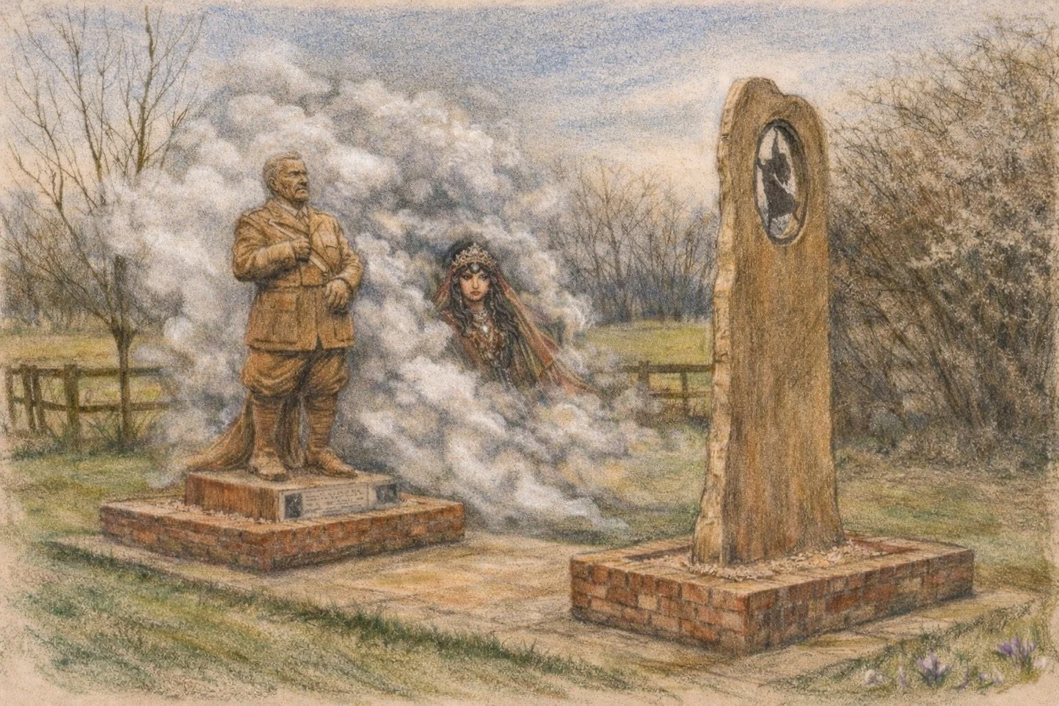 A memorial featuring two stone structures and busts, with a statue of a man in military uniform, a woman in traditional attire, and a monument with a silhouette of a person, set in a park with trees and a fence in the background.