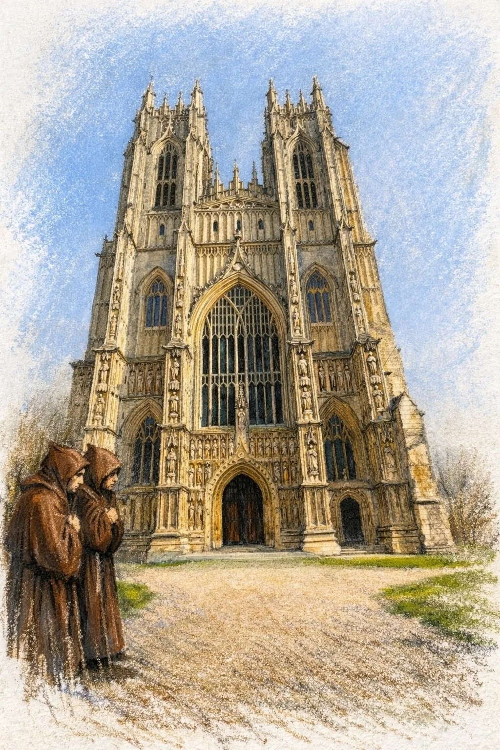 A watercolor painting of a Gothic cathedral with two monks walking in front on a sunny day with a blue sky.