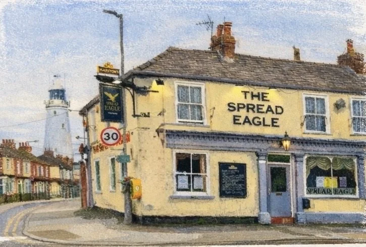 A yellow pub named 'The Spread Eagle' with a black sign, located on a street corner. In the background, there is a lighthouse and a row of houses. The pub has a blackboard outside and a small porch with a hanging lantern.