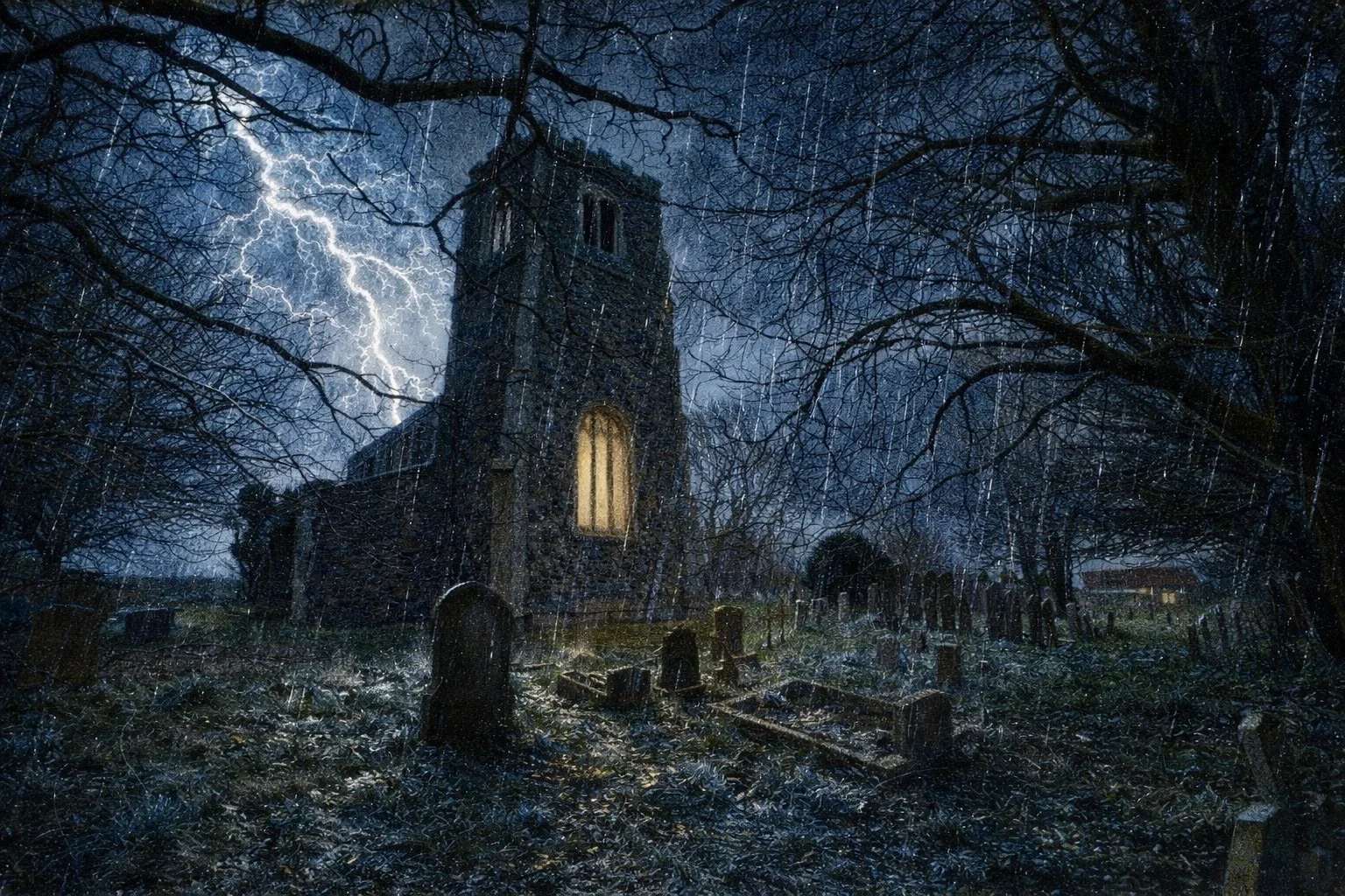 A dark, stormy night scene of an old church with a graveyard in the foreground, illuminated by lightning in the sky, with rain falling heavily.