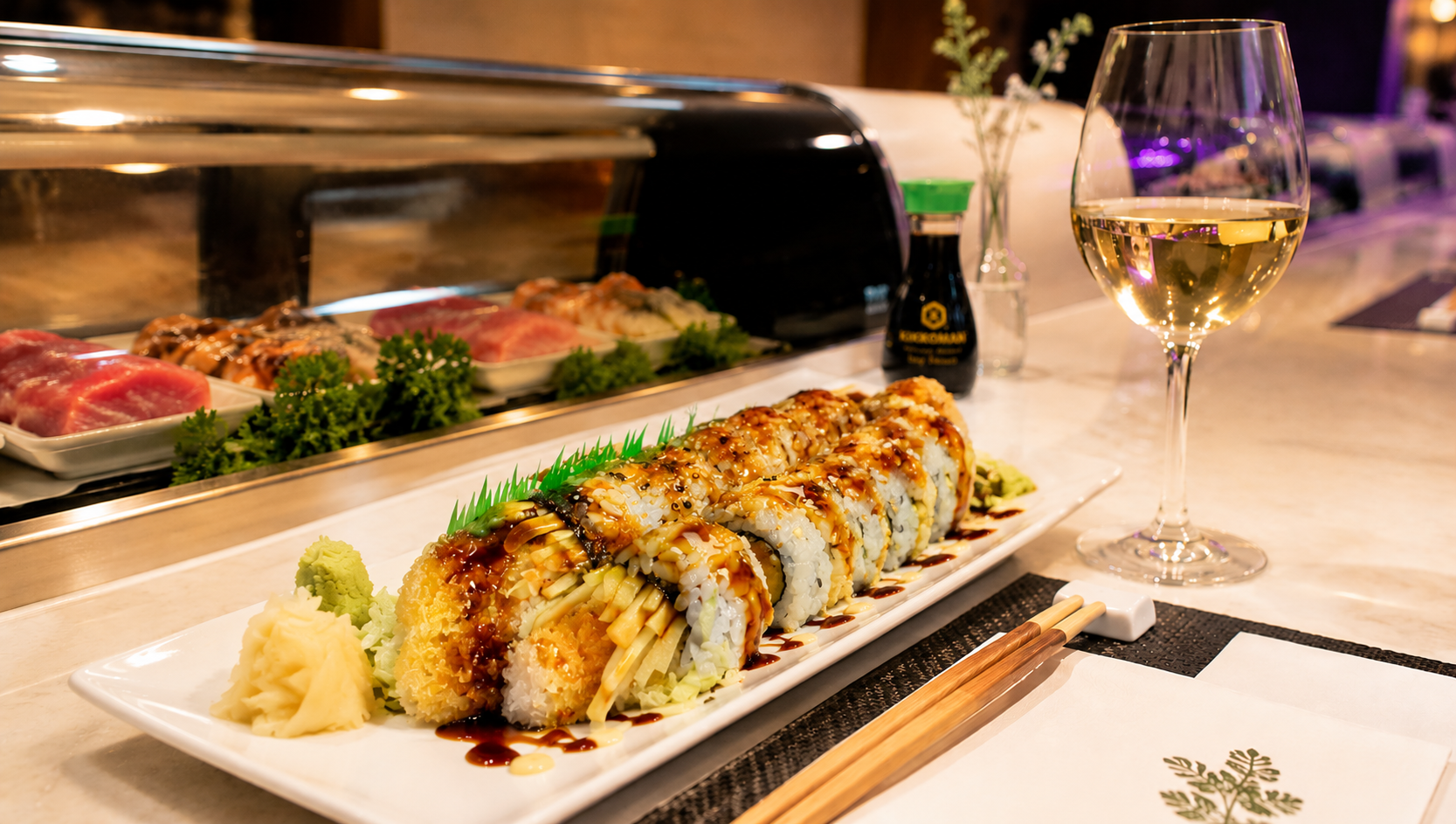 A plate of sushi rolls with sauce, wasabi, and ginger on a white rectangular dish, with a glass of white wine nearby on a marble countertop in a restaurant setting.