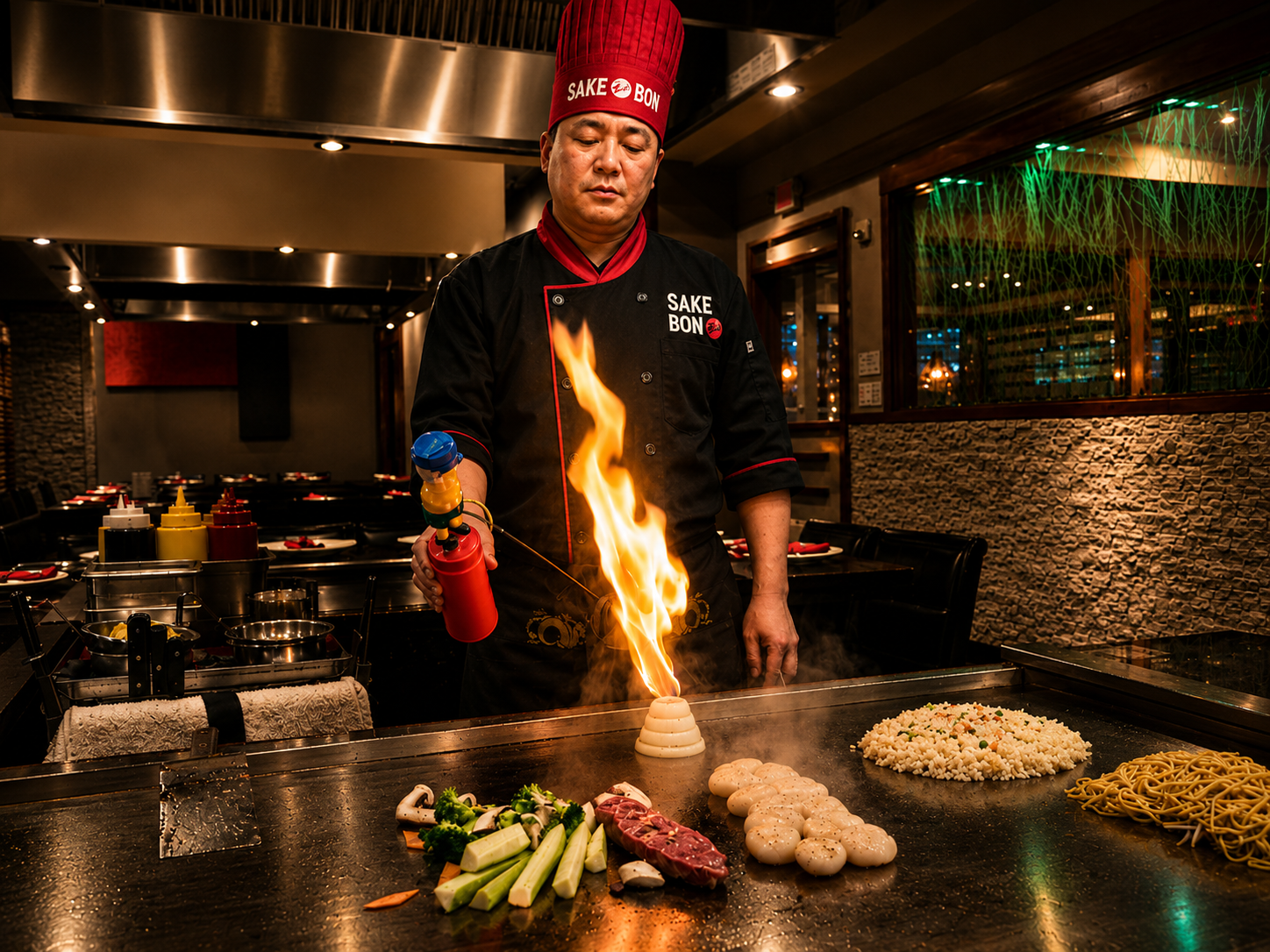 A chef wearing a black uniform and red hat labeled 'SAKE BON' is flambéing food at a restaurant grill, with various vegetables and seafood on the surface.