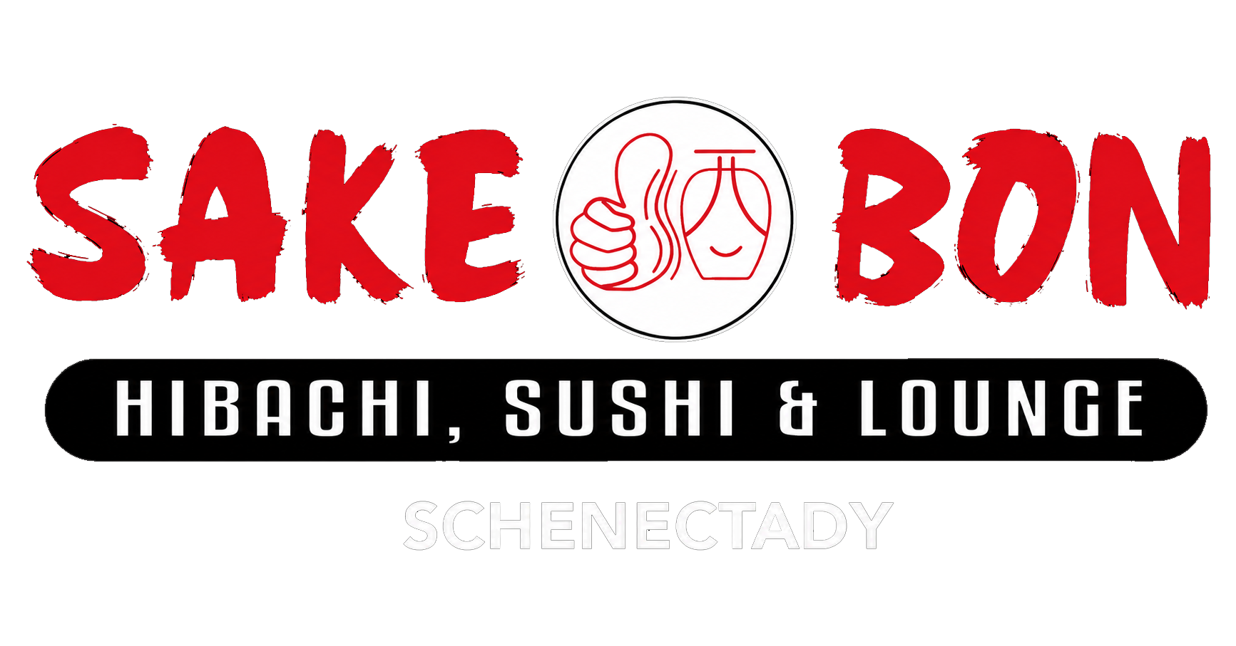 Logo of Shake Bong Hibachi, Sushi & Lounge in Schenectady with red and white text and a circular icon of a smiling face with glasses and a thumbs-up sign.
