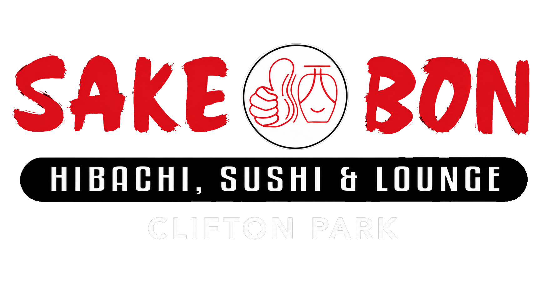Sign for Sake Bomb Hibachi, Sushi & Lounge featuring a red and white logo with a thumbs-up and a smiling face, located at Clifton Park.