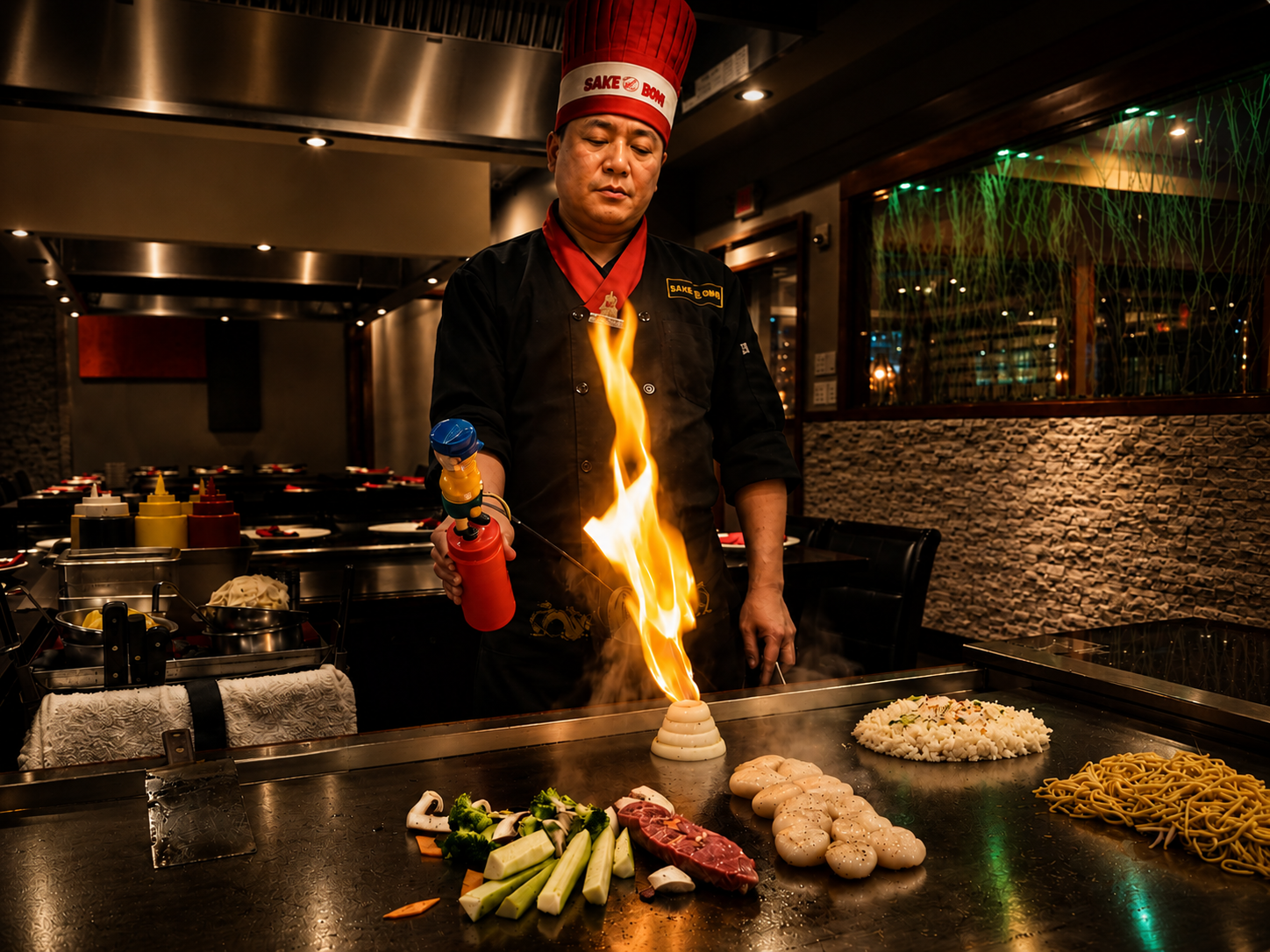 A chef in a black uniform and a tall red hat with 'SAKE BOM' written on it, stands behind a teppanyaki grill with ingredients like vegetables and seafood, igniting a flame on the food.