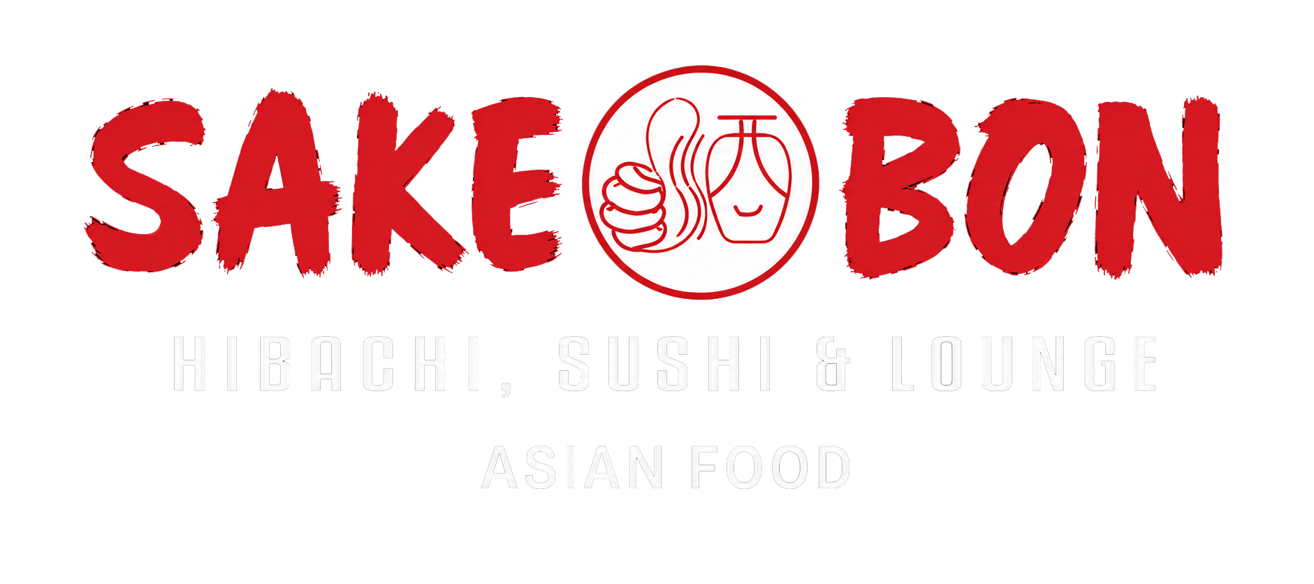 Sign for Sake Bon Hibachi, Sushi & Lounge, an Asian food restaurant, with red and white text on black background and a circular logo depicting a hand making a thumbs-up and a face mask.