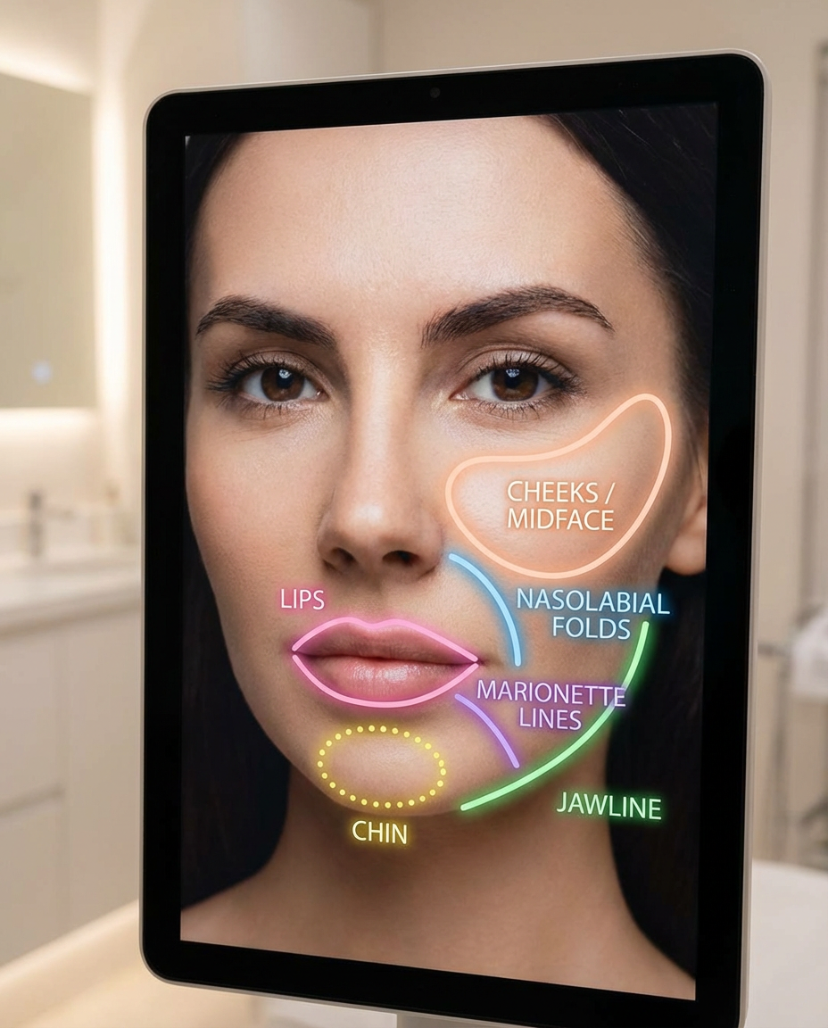 Most requested dermal filler treatment areas — lips cheeks chin jawline at Dam Medspa Dorchester Boston