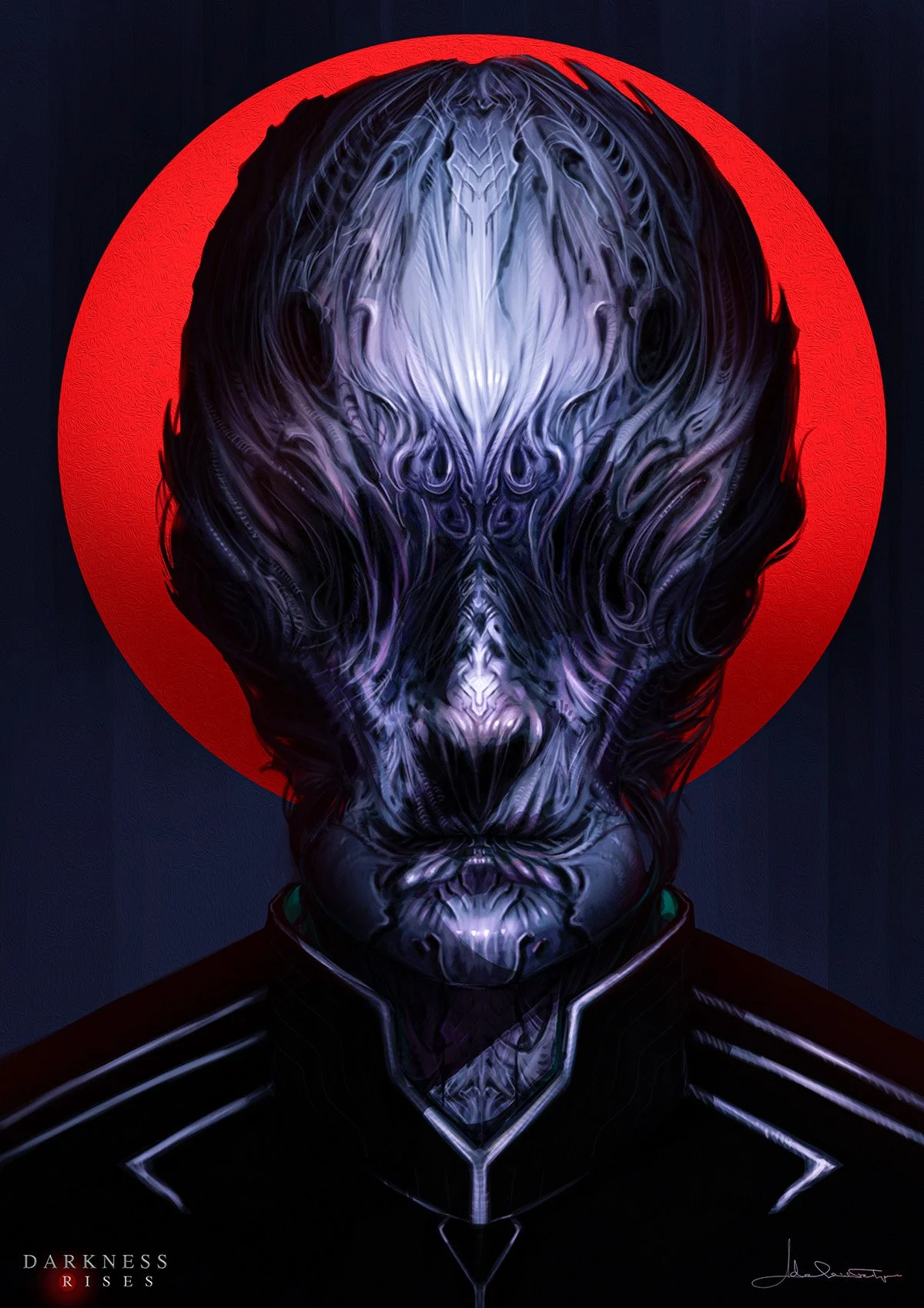 Rendered creature portrait of Eliris from Darkness Rises, showing a male character fully taken over by an alien power, with a silver liquid-metal face and dark sci-fi uniform.