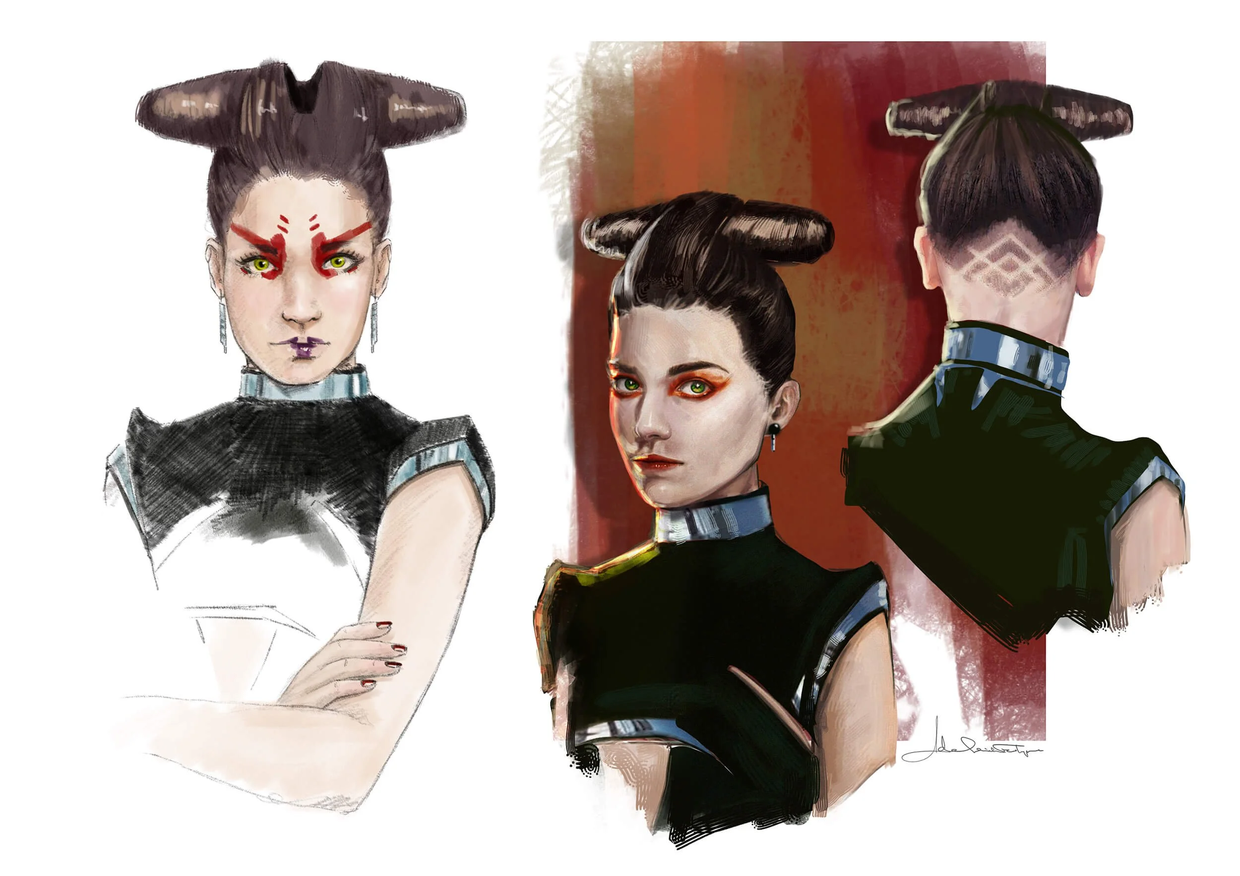 Morlana One hostess hair and makeup colour sketches for Star Wars: Andor by Adelaide Filippe inspired by Ridley Scott’s Blade Runner and Cyberpunk styles.
