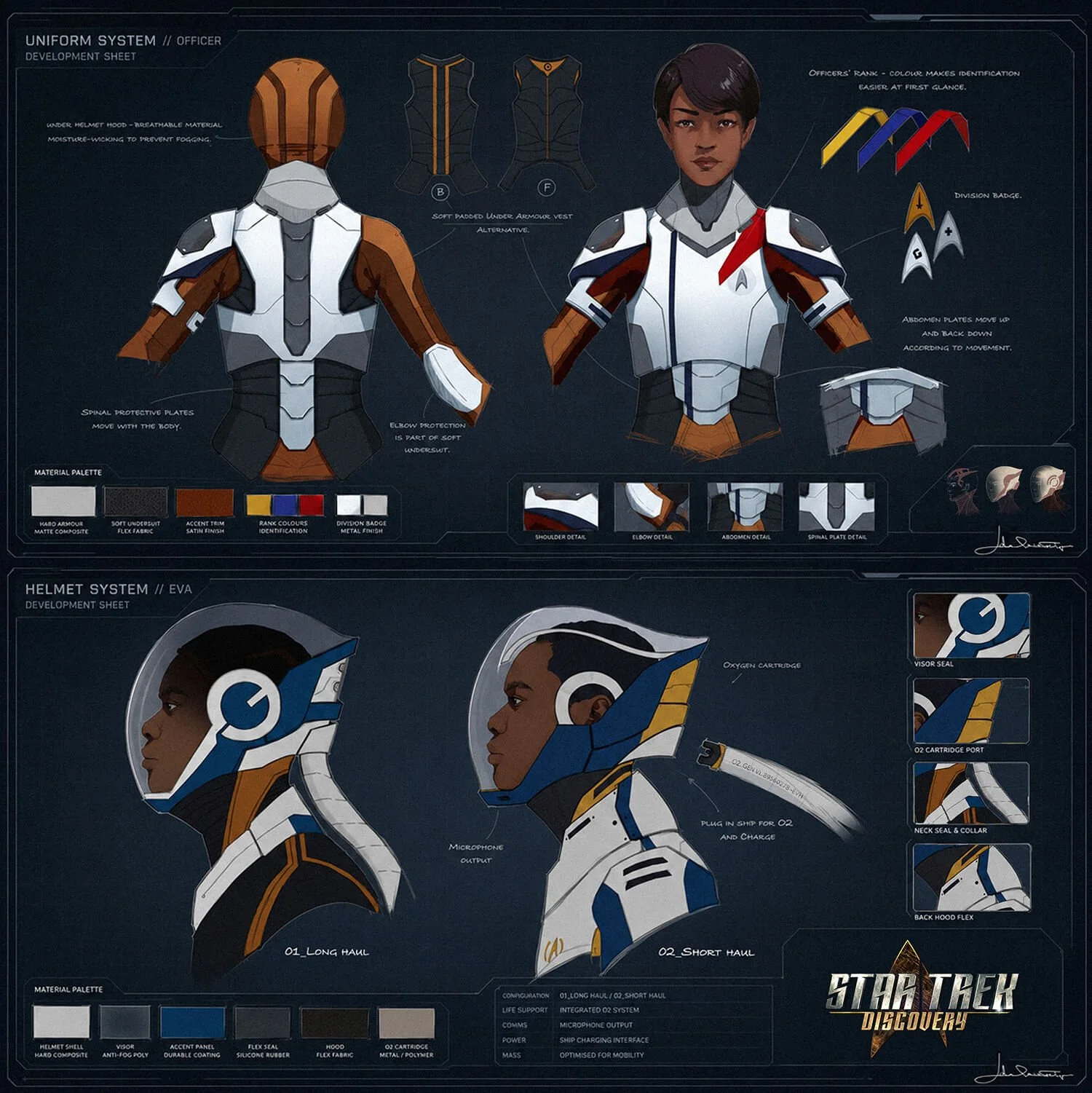 Star Trek: Discovery costume armour and helmet concept development sheets by concept designer Adelaide Filippe.