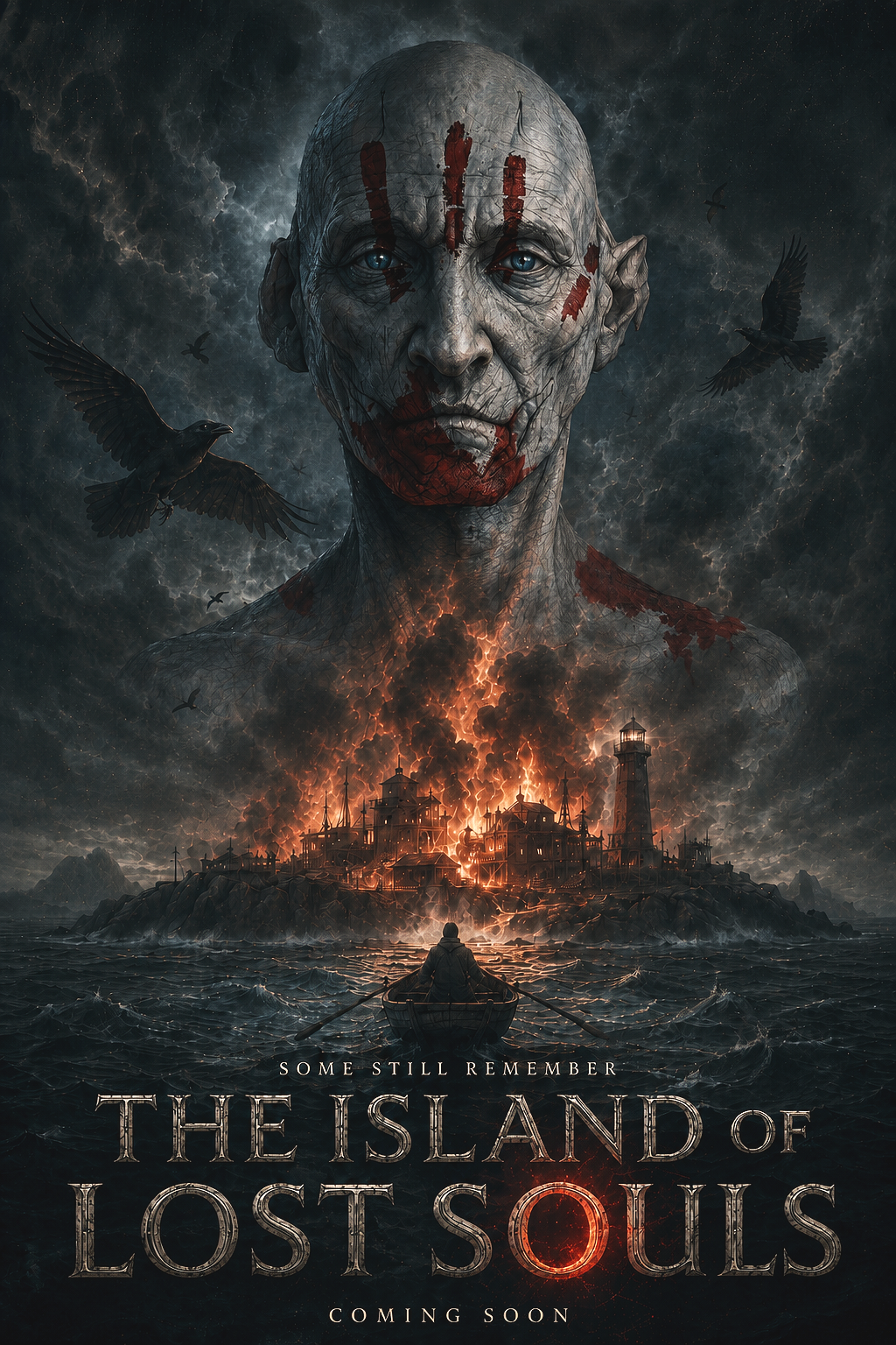 Cinematic poster of Adelaide Filippe's Island of lost soul tv series project featuring a hybrid creature character and Dr Moreau's island on fire