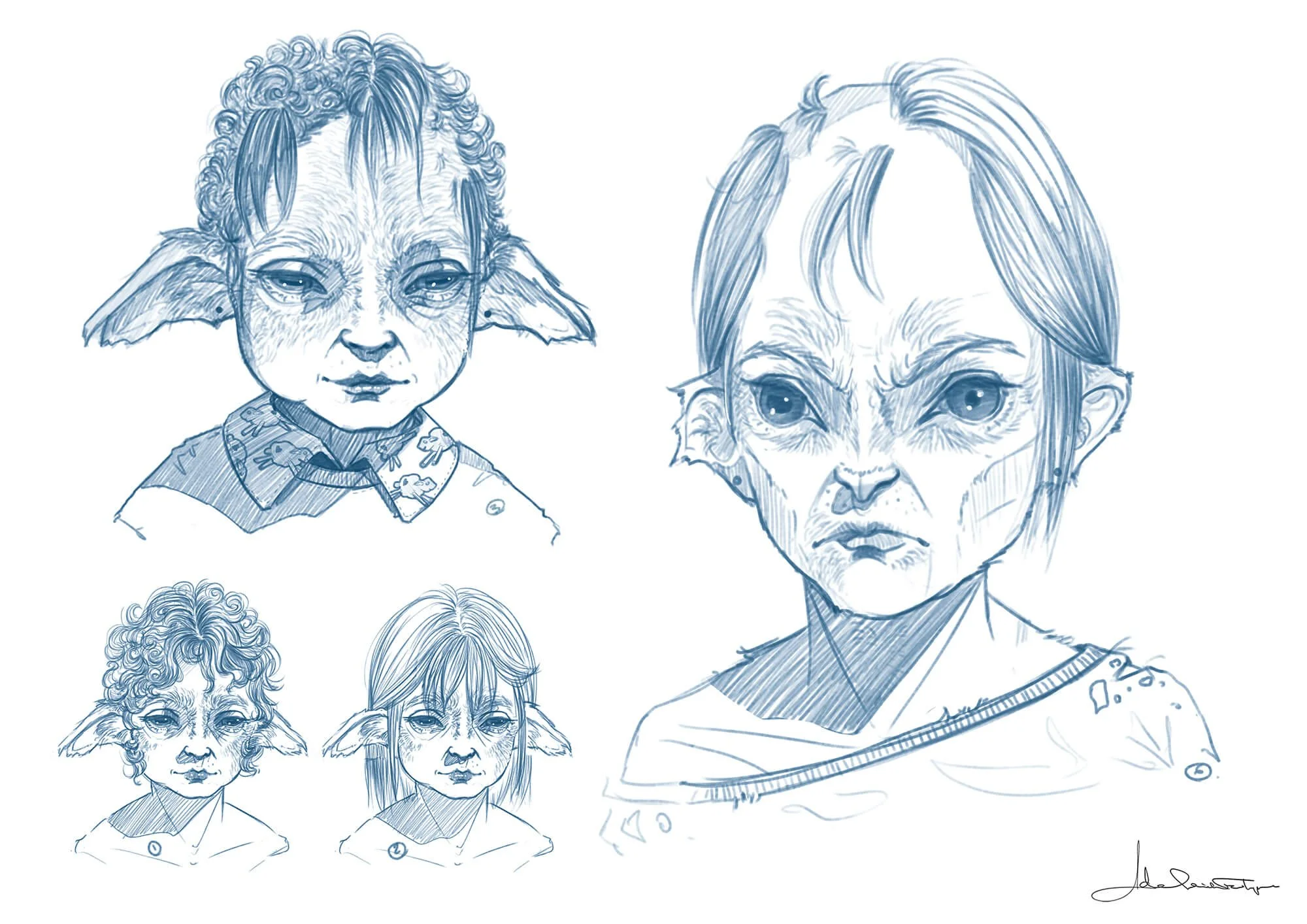 Character concept art by Adelaide Filippe for Island of Lost Souls, showing Leanna as a lamb-human hybrid child with facial morphology sketches exploring animal and human features.