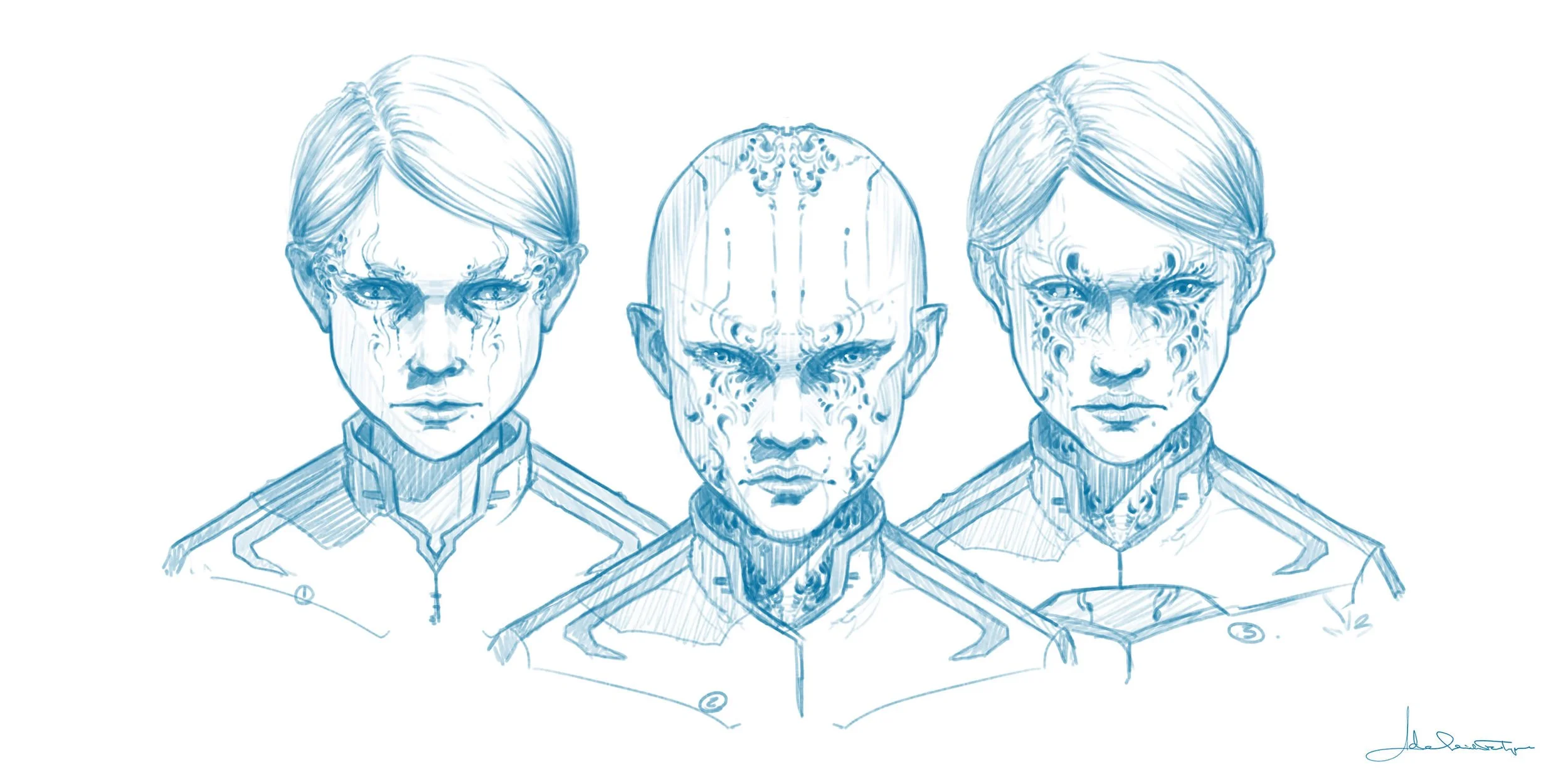 Female character concept sketches by Adelaide Filippe for Darkness Rises, showing Starvia’s visual evolution through stages of alien power takeover, facial transformation, and sci-fi character design.