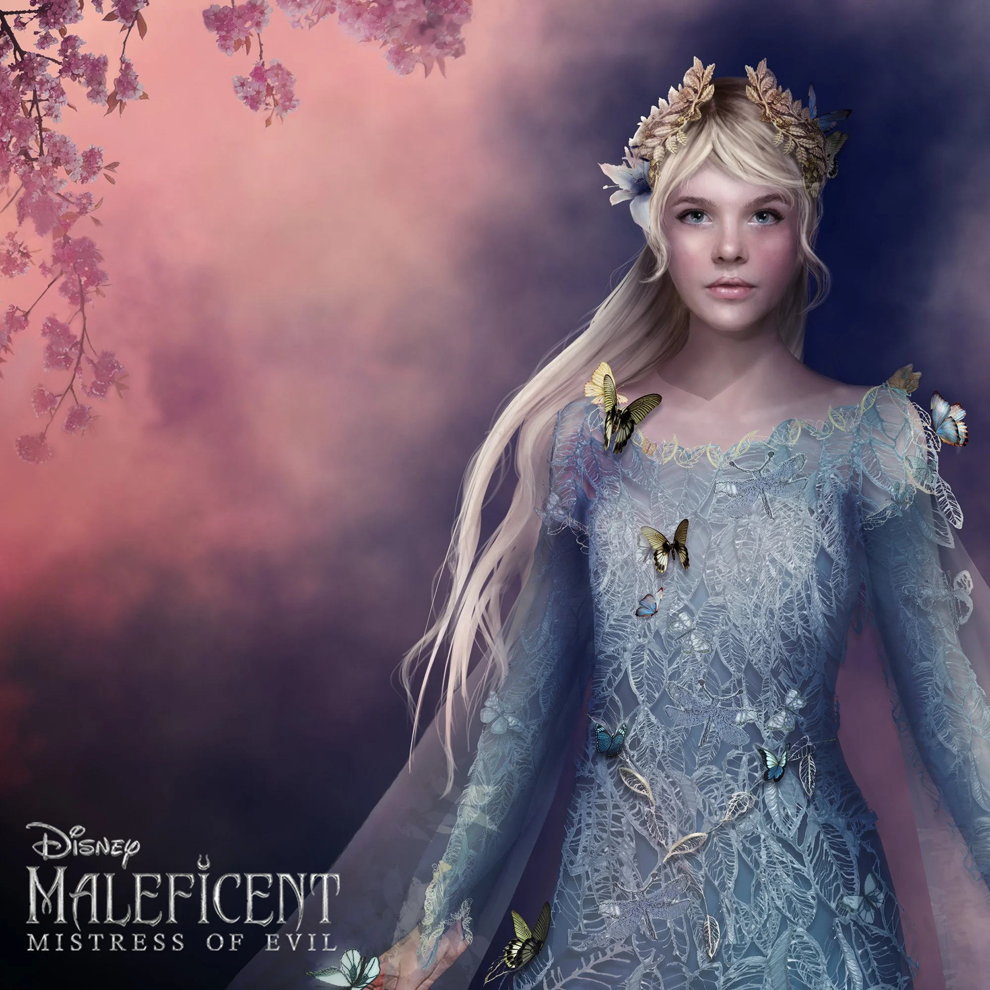 Concept art by Adelaide Filippe for Maleficent: Mistress of Evil, showing princess Aurora in her blue embroidered dress and golden crown as Queen of the Moors.