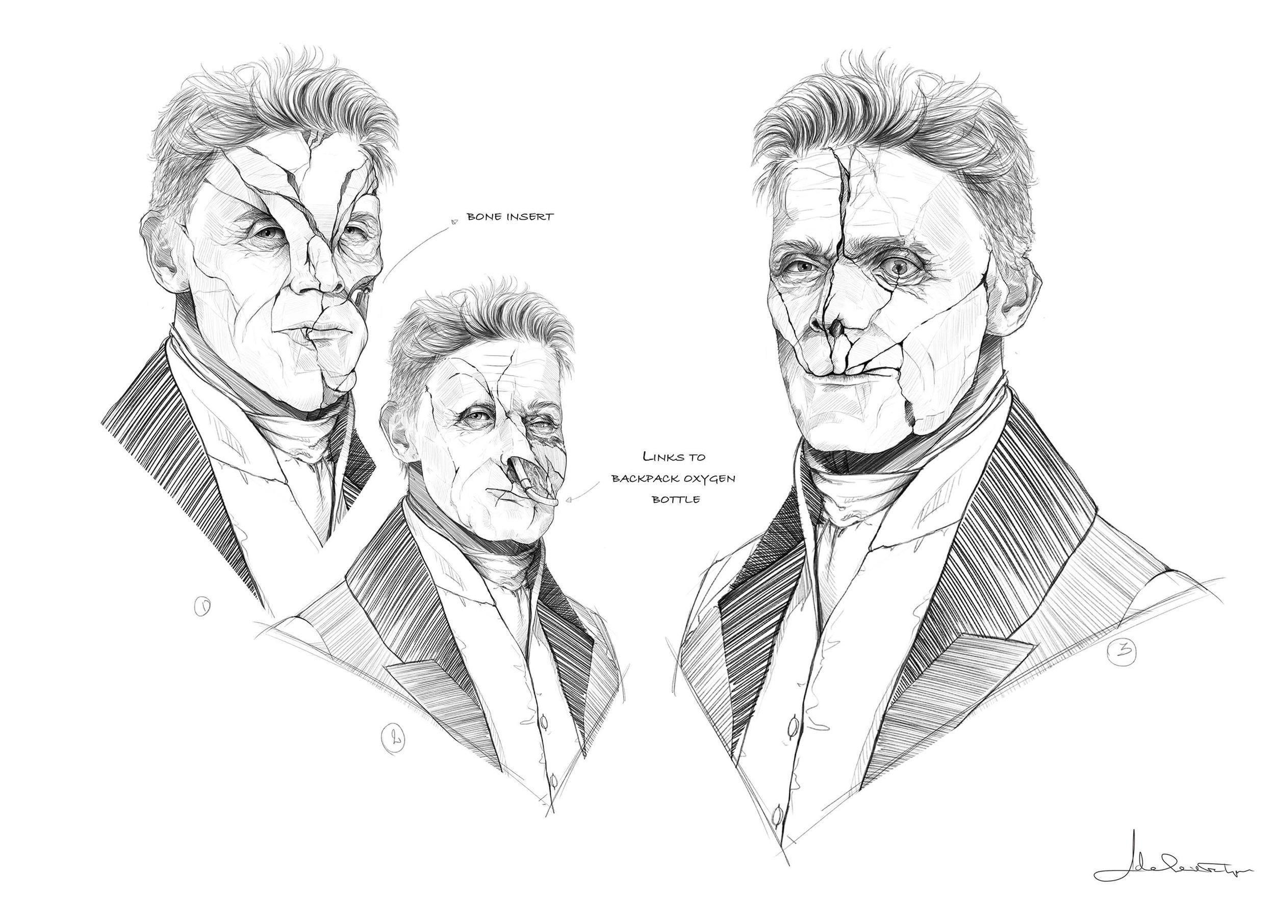 Dr Baxter exploration pencil sketches by Adelaide Filippe for Poor Things exploring how the character’s scarring changes the shape of his facial features dramatically while retaining Willem Dafoe’s likeness.
