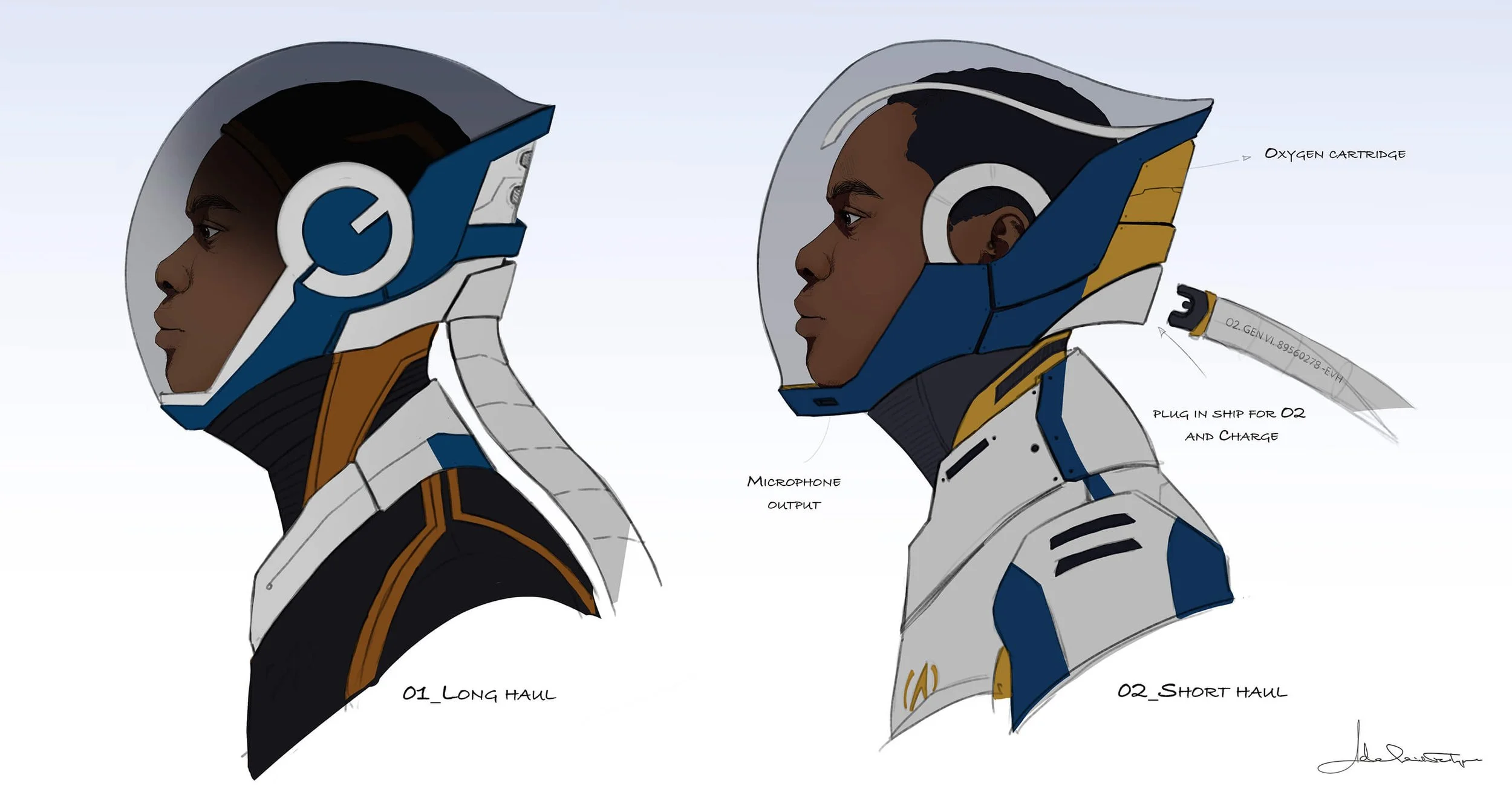 Space helmet and details concept design for Star Trek: Discovery by Adelaide Filippe, exploring construction, details and shape.
