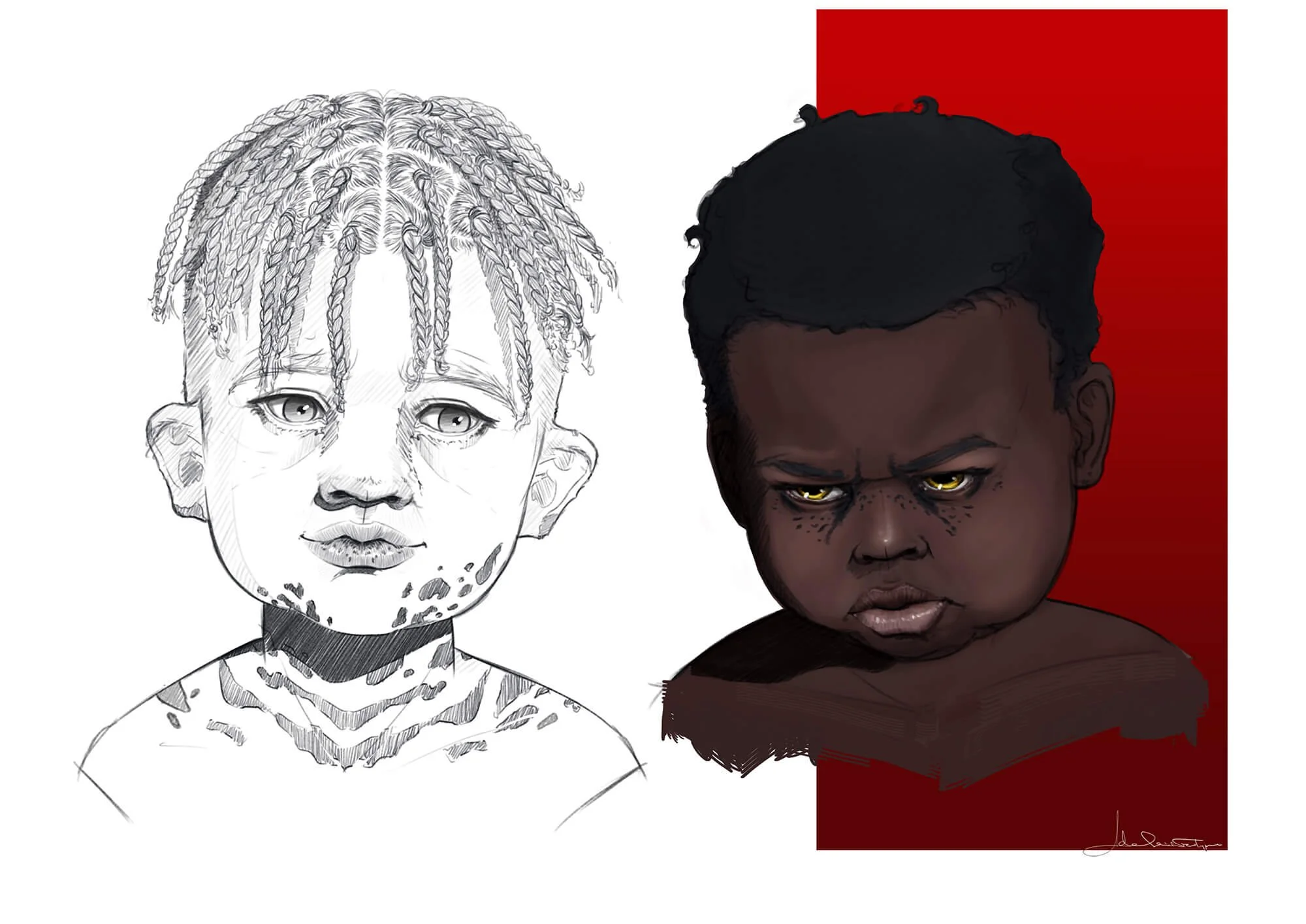 Character concept art by Adelaide Filippe for Island of Lost Souls, showing Jamal as a hybrid child with facial markings, animal-inspired features, and an intense coloured portrait study.