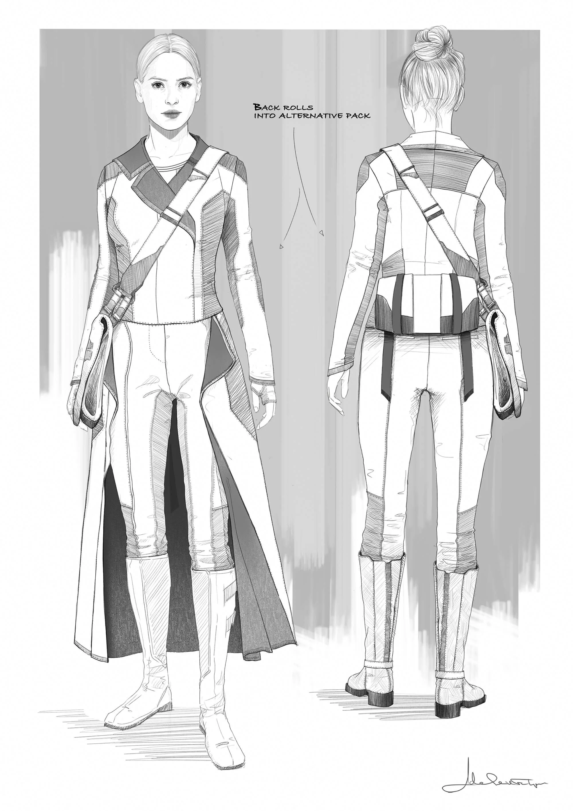 Bix Caleen played by Adria Arjona concept art coat sketch by Adelaide Filippe for Star Wars: Andor exploring a long coat option with detachable skirts for travel.