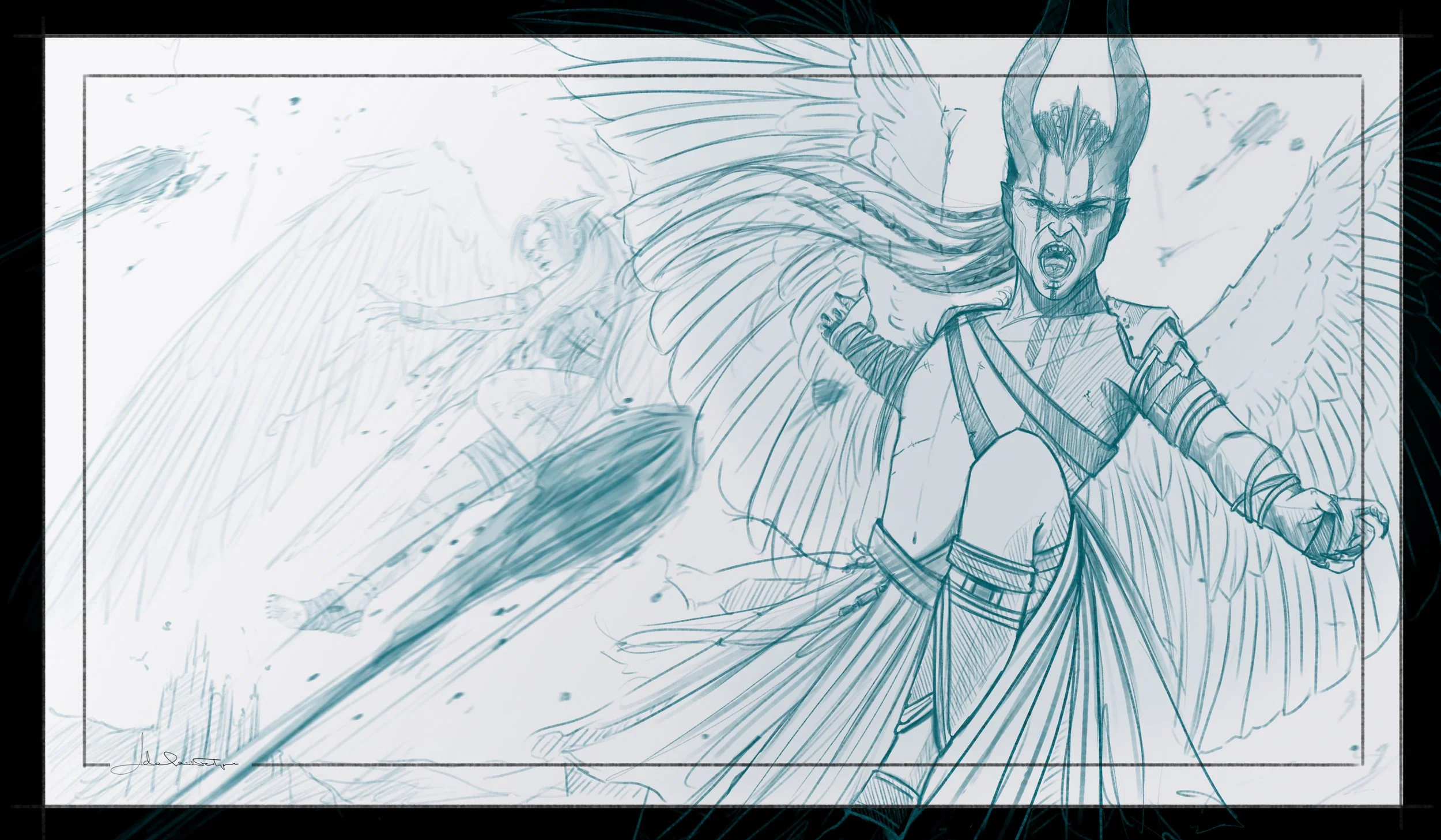 Keyframe concept sketch by Adelaide Filippe for Maleficent: Mistress of Evil, showing a Dark Fey warrior screaming and attacking during the battle sequence with the Dark Fey above Ulstead castle