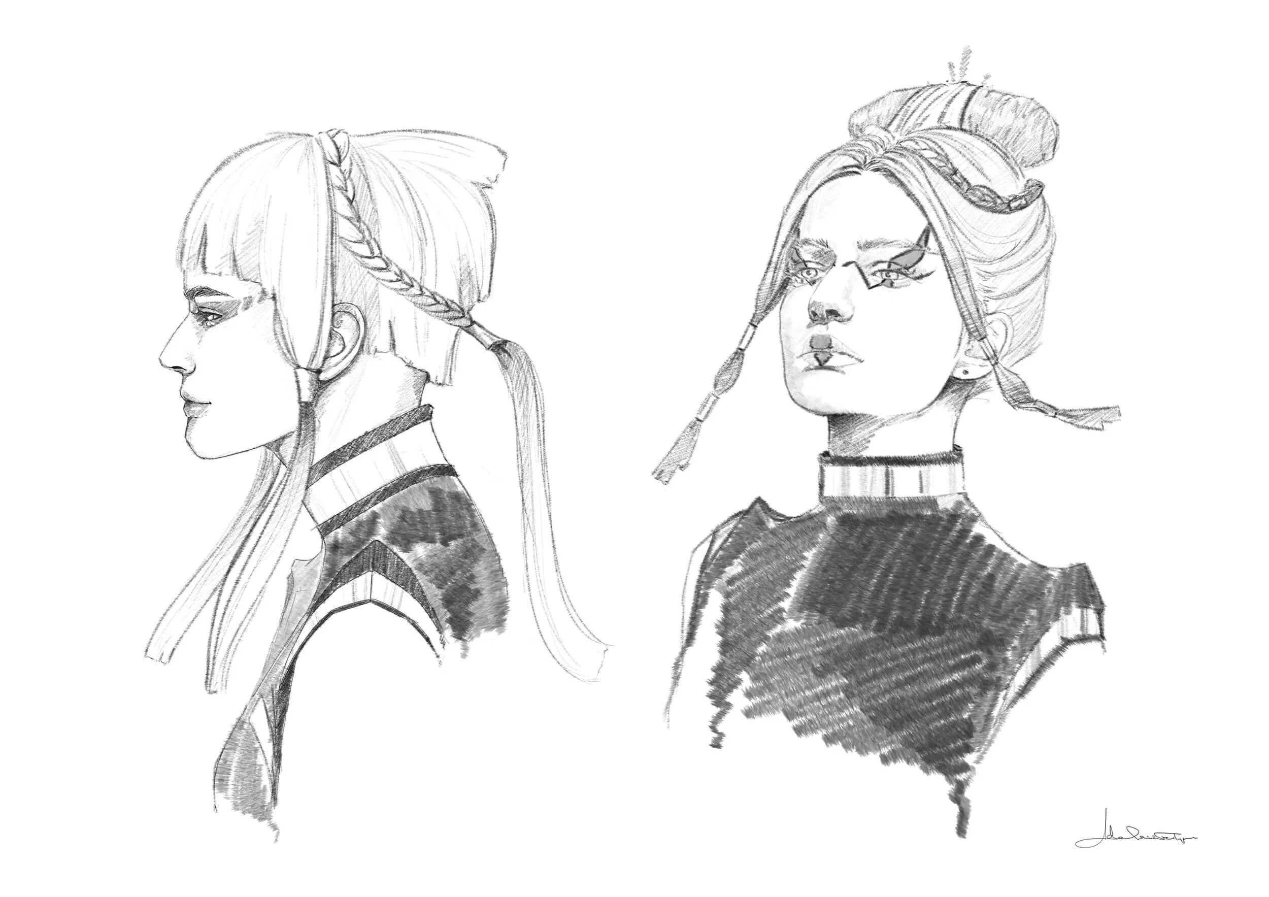 Morlana One hostess mood pencil sketches for Star Wars: Andor by Adelaide Filippe, inspired by Ridley Scott’s Blade Runner and Cyberpunk styles.